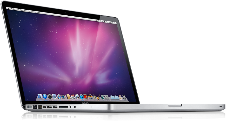 MacBook Pro 側面視圖 壁紙 — 銀色 MacBook Pro 手提電腦打開，顯示充滿活力的紫色和粉紅色宇宙壁紙，帶有星場和 Dock。
