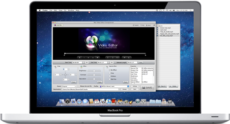 MacBook Pro 影片編輯軟體 壁紙 — 一部銀色 MacBook Pro 在星空太空桌面背景上顯示影片編輯軟件界面。