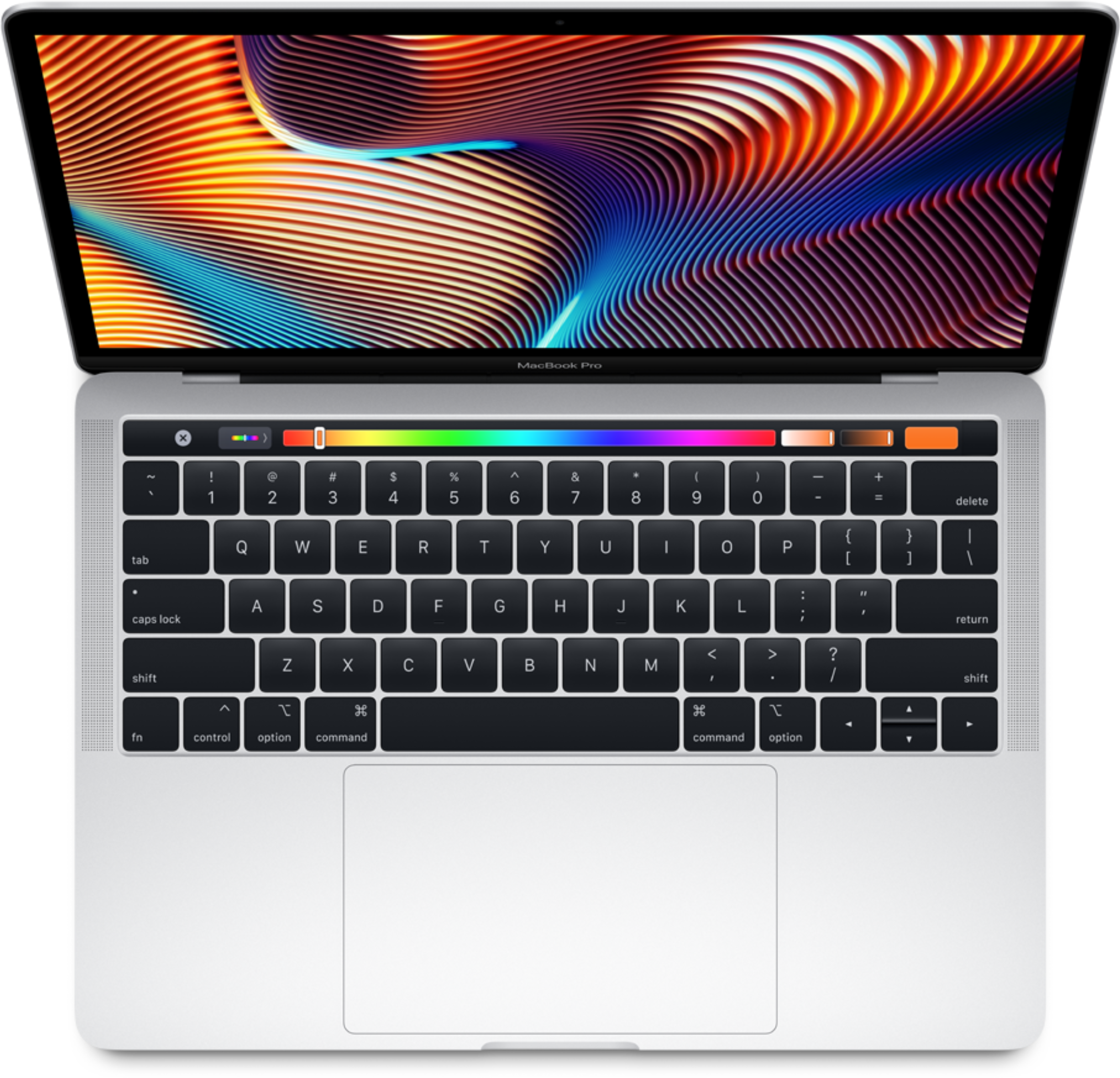 MacBook Pro Touch Bar 俯視圖 壁紙 — 一部銀色 MacBook Pro 手提電腦打開，顯示充滿活力的抽象桌布，帶有流動的橙色、藍色和紫色線條。