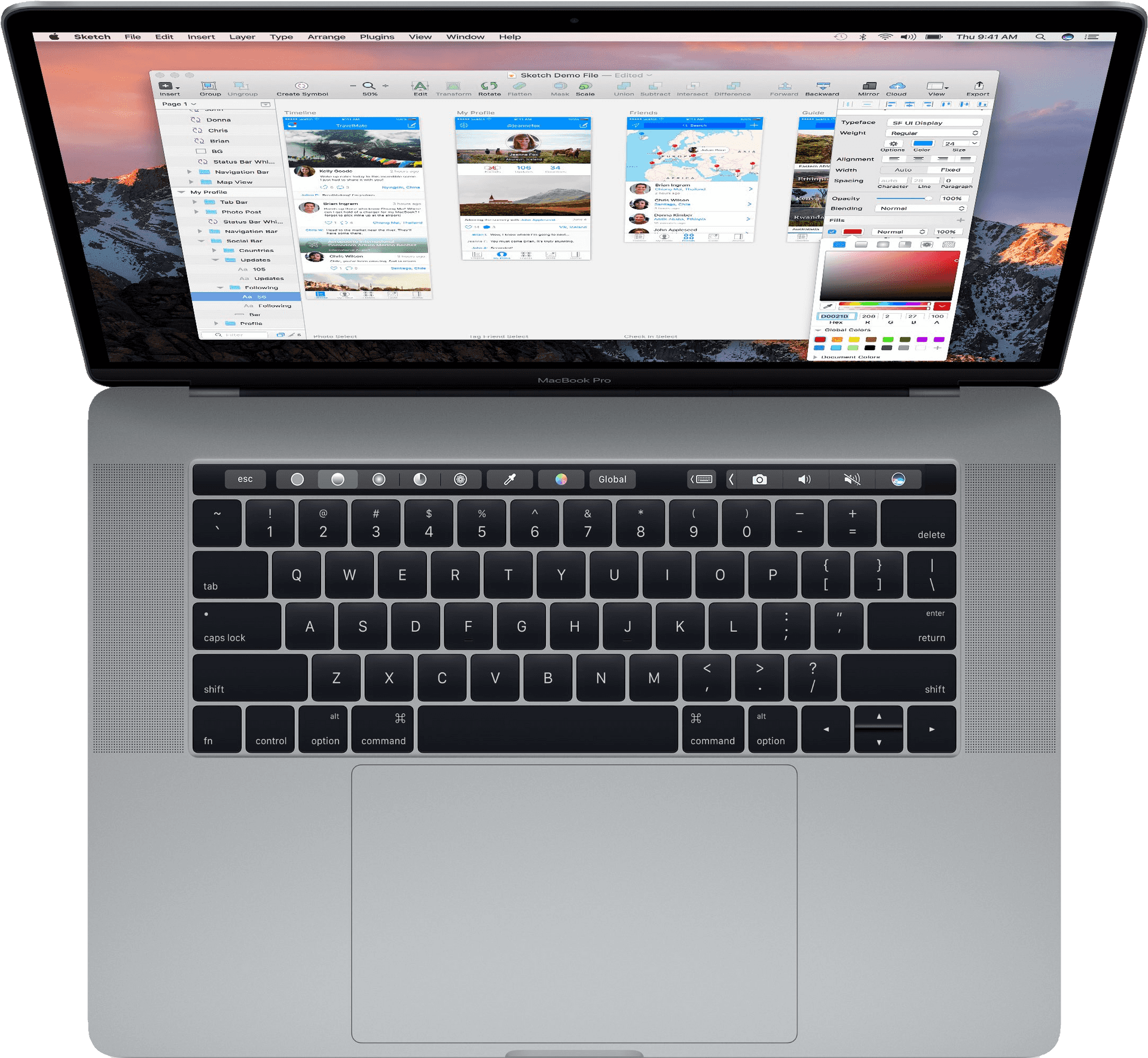 打開的 MacBook Pro 配備 Touch Bar 壁紙 — 一部銀色MacBook Pro在深色背景上打開，顯示一個帶有山景日落壁紙的設計應用程式。