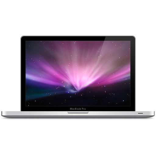 MacBook Pro 星空壁紙 壁紙 — 一部銀色 MacBook Pro 顯示充滿活力的宇宙壁紙，帶有發光的粉紫色光束和散落的星星，背景為深色。