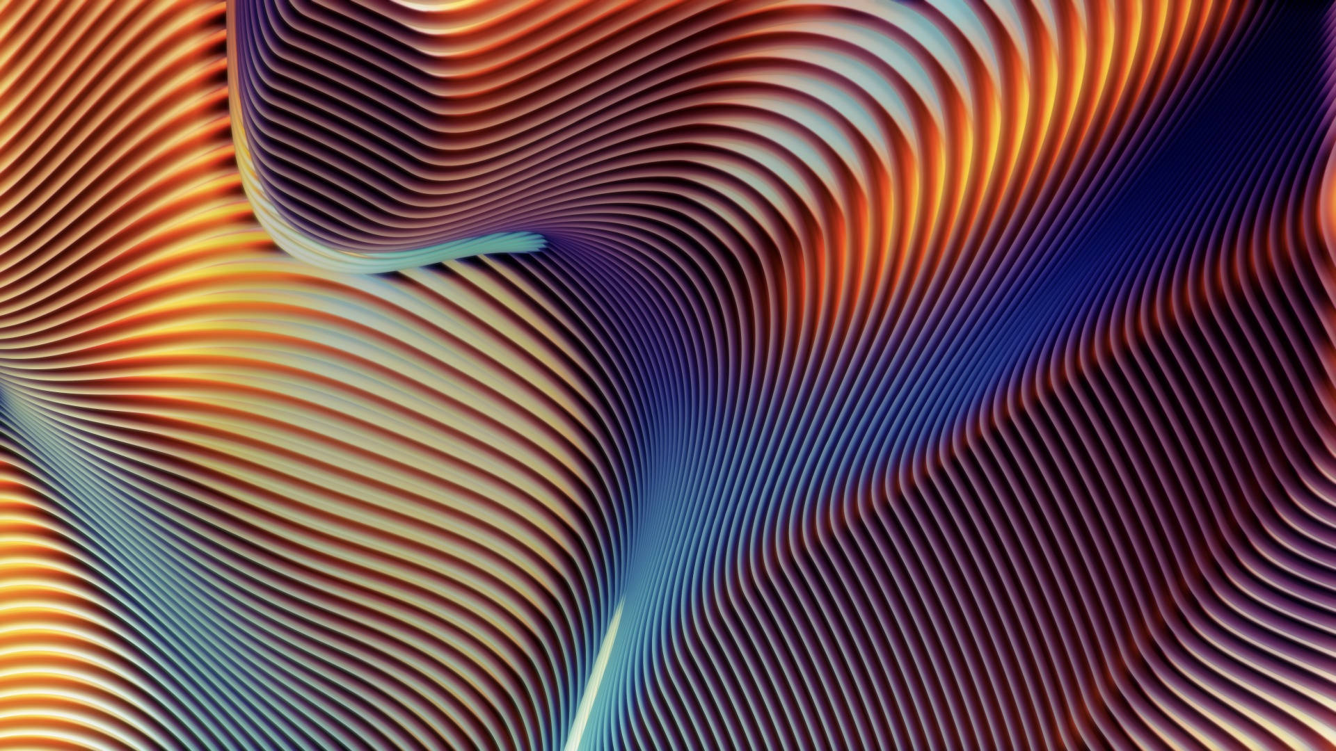 MacBook Pro 螺旋圖案 壁紙 — 充滿活力的橙色、藍色和紫色抽象波浪在迷人的數位圖案中蕩漾。