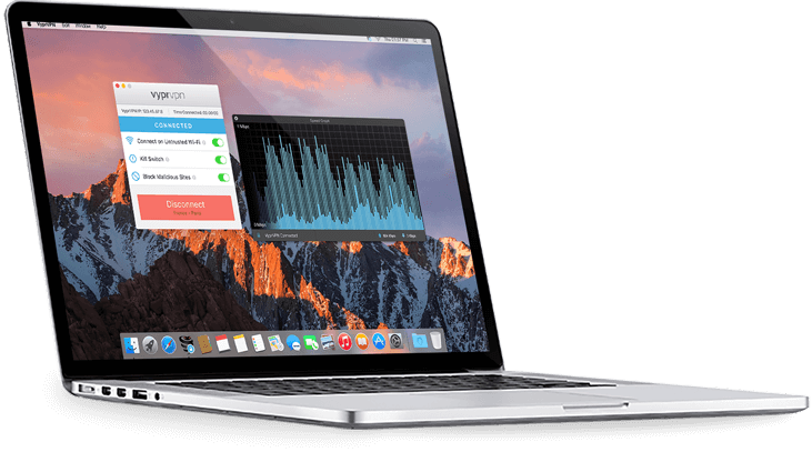 MacBook Pro 連接 VPN 壁紙 — 銀色手提電腦顯示山脈壁紙，帶有日出色調，並打開了VyprVPN應用程式視窗。