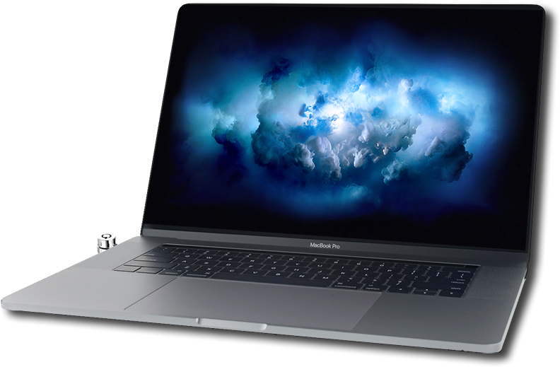 MacBook Pro 雲朵壁紙 壁紙 — 一部時尚的銀色 MacBook Pro 筆記型電腦在黑色背景上打開，顯示出戲劇性的藍白雲牆紙。