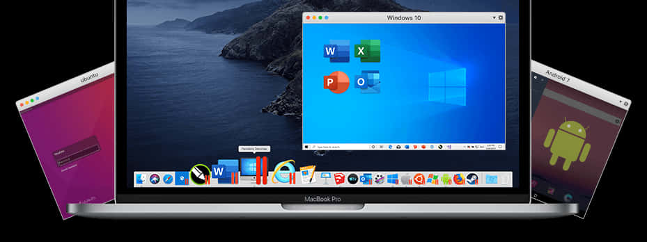 MacBook Pro搭配Windows 10模擬器與Android平板 壁紙 — 一部 MacBook Pro 顯示 Windows 10 桌面及應用程式圖示，Ubuntu 和 Android 裝置在旁邊漂浮於深色背景上。