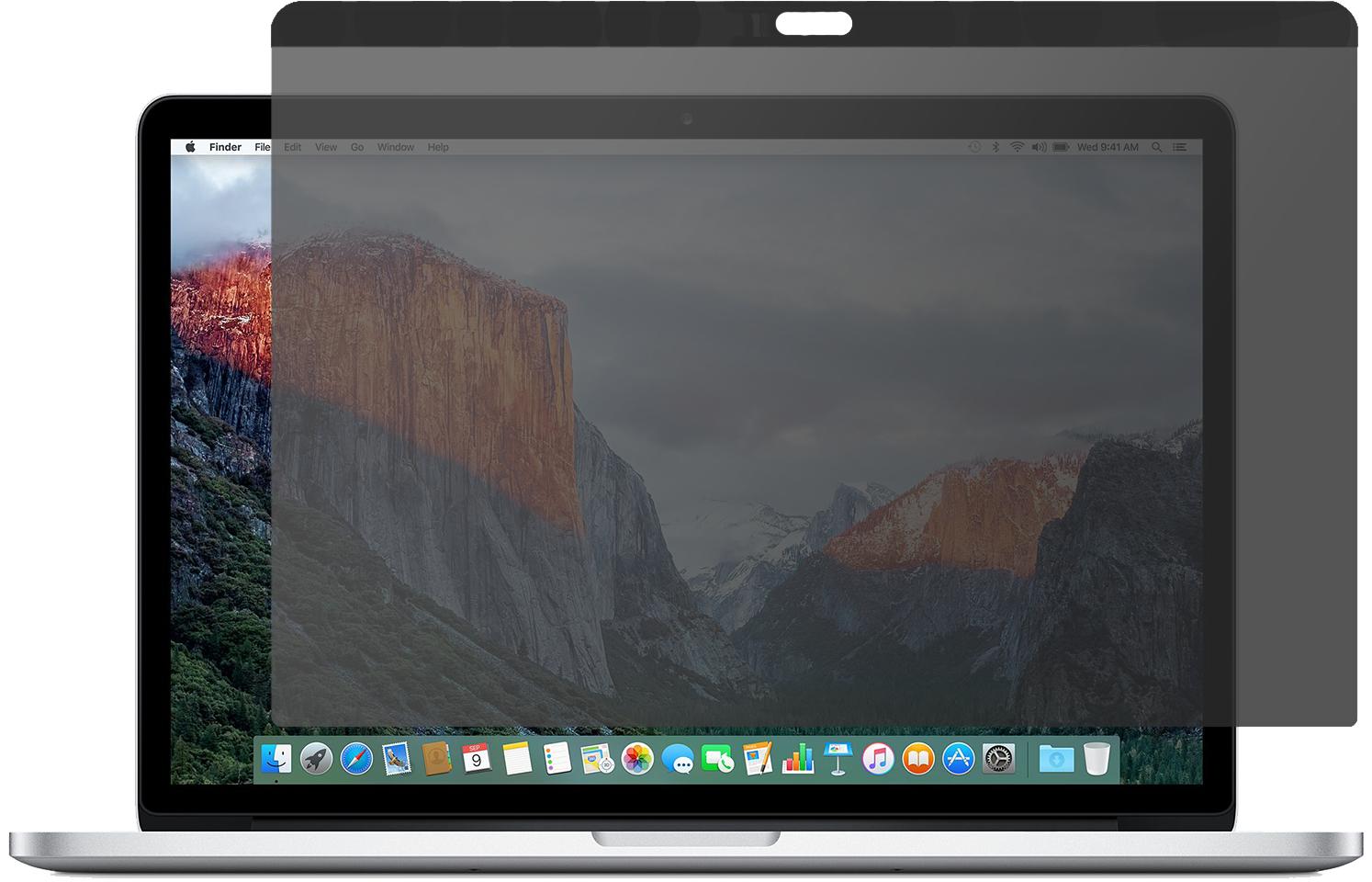 MacBook Pro搭配Yosemite壁紙 壁紙 — 手提電腦顯示一幅戲劇性的山脈壁紙，有橙色懸崖和白雪覆蓋的山峰，天空多雲。