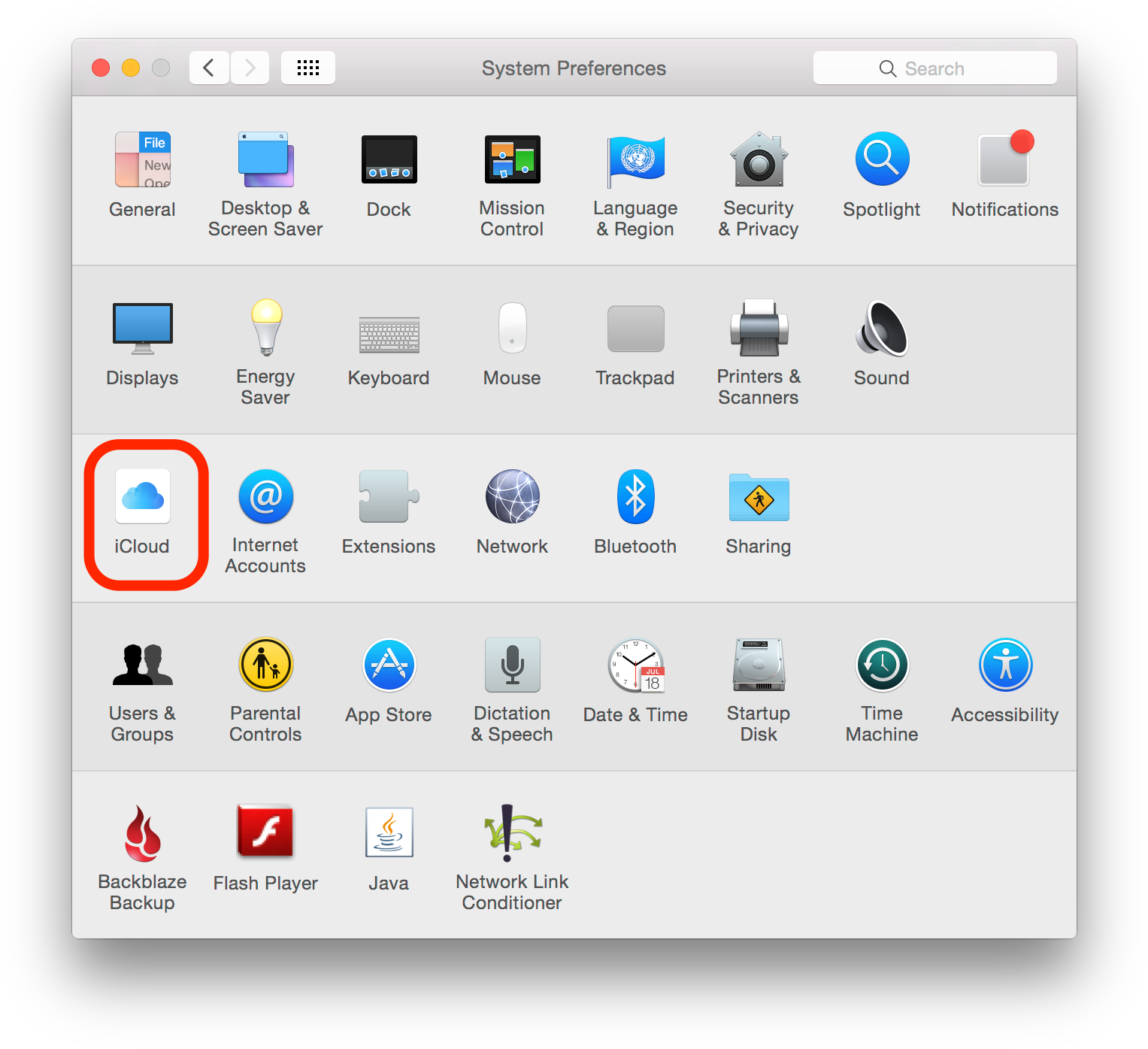 MacBook 系統偏好設定視窗 壁紙 — Mac 系統偏好設定視窗，iCloud 圖示以紅色突出顯示。