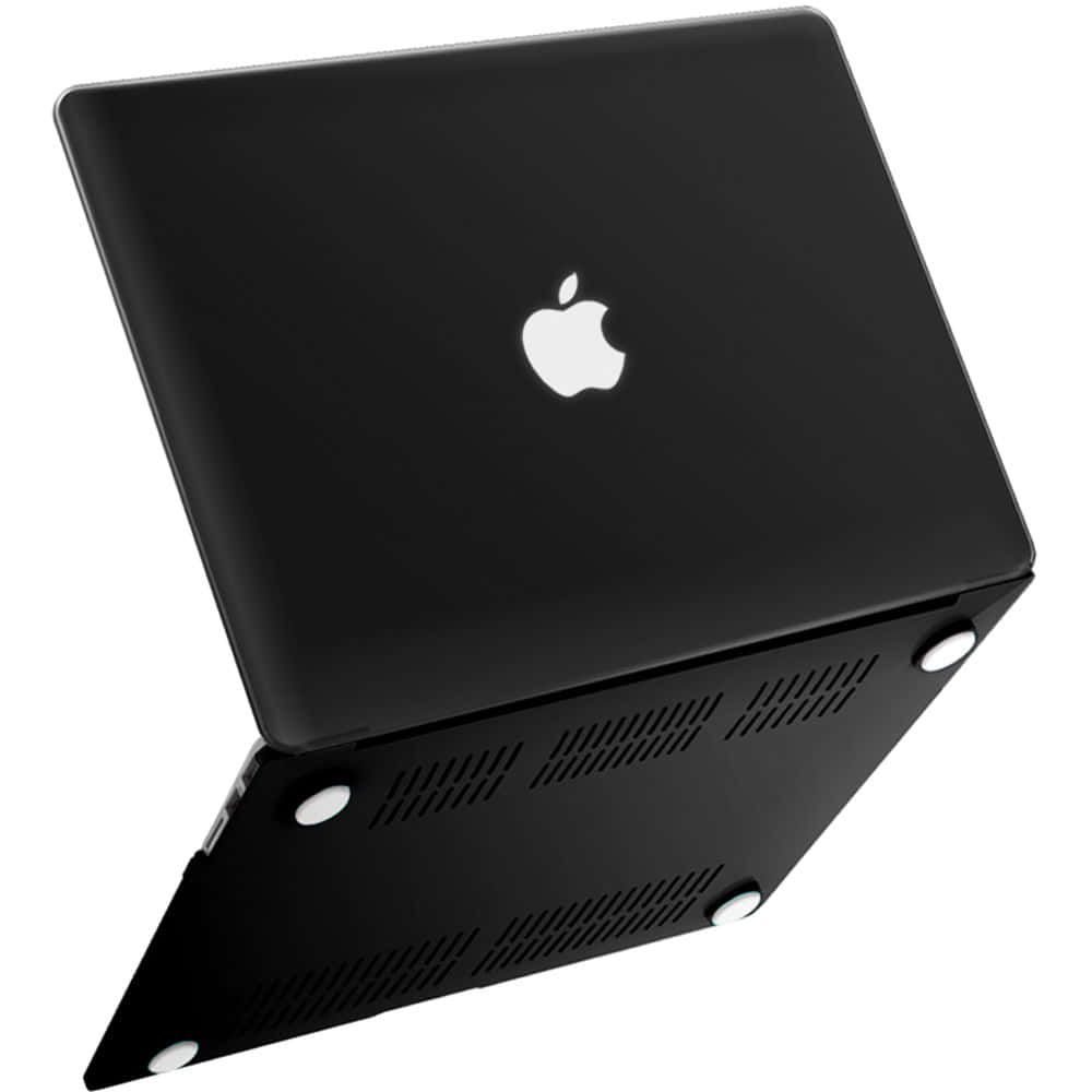 重新定義簡約——黑色MacBook 壁紙 — 一部時尚的黑色Apple手提電腦以一定角度打開，置於乾淨的白色背景上，突顯其簡約設計和通風口。