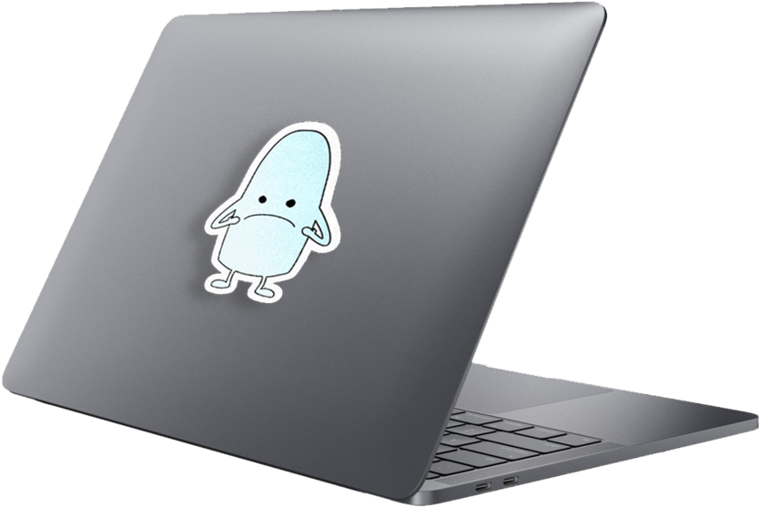 帶卡通貼紙的MacBook 壁紙 — 一部銀色手提電腦，機蓋上貼有可愛的淺藍色卡通角色貼紙。