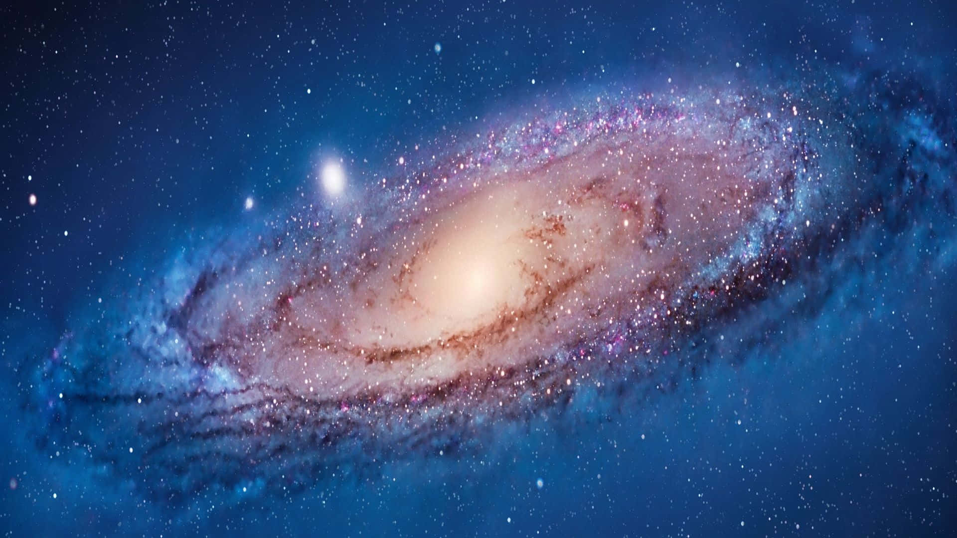 一個在深藍色太空中閃爍著星星和宇宙塵埃的螺旋星系。