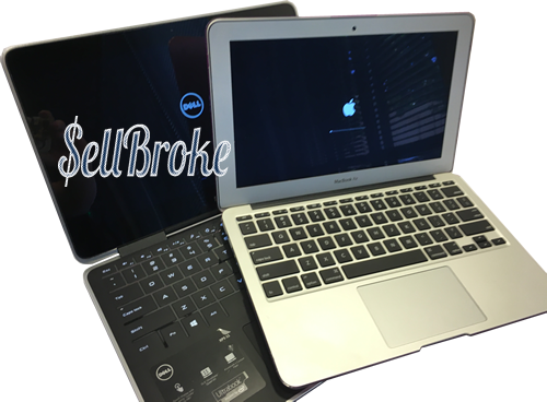 MacBook與Dell筆電比較 壁紙 — 兩部手提電腦傾斜並排放置，一部Dell帶有'SellBroke'文字，另一部MacBook螢幕上有Apple標誌。
