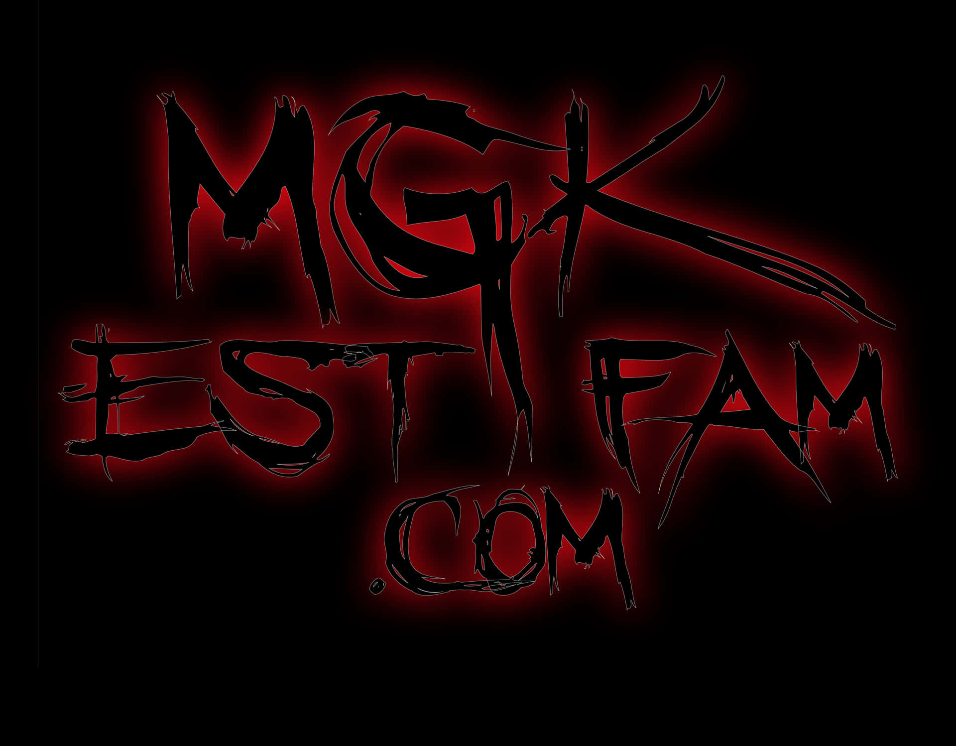 黑色背景上的哥德式紅色發光文字 MGK EST FAM COM
