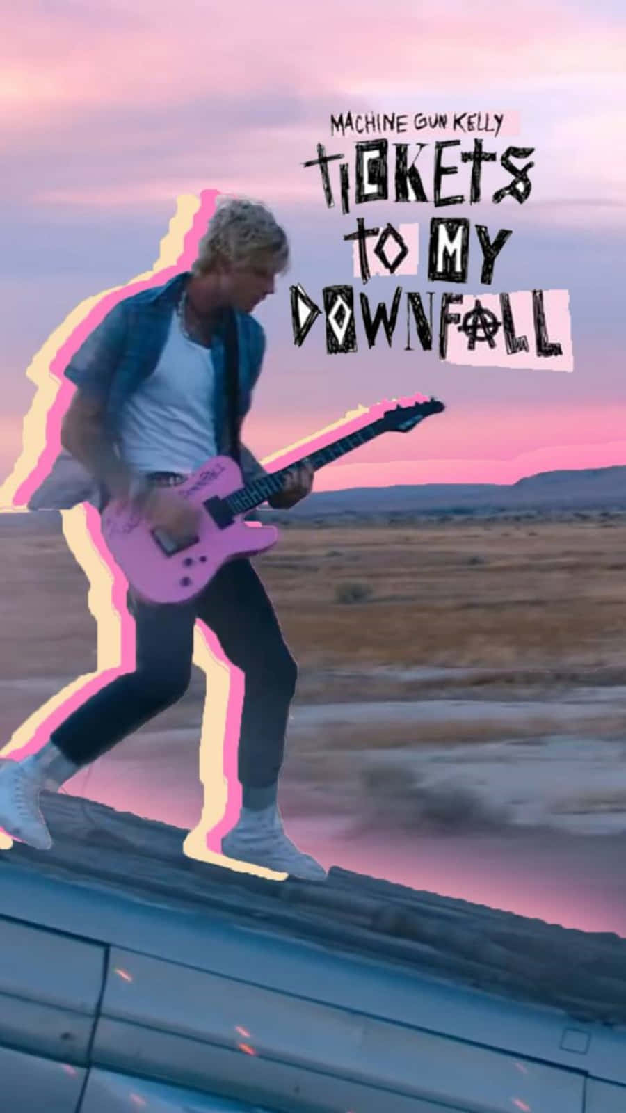 Machine Gun Kelly 第五張個人專輯《Tickets To My Downfall》封面 壁紙 — 一位音樂家拿著粉紅色電結他，在沙漠背景下夕陽中走過車頂，帶有鮮豔的霓虹輪廓。