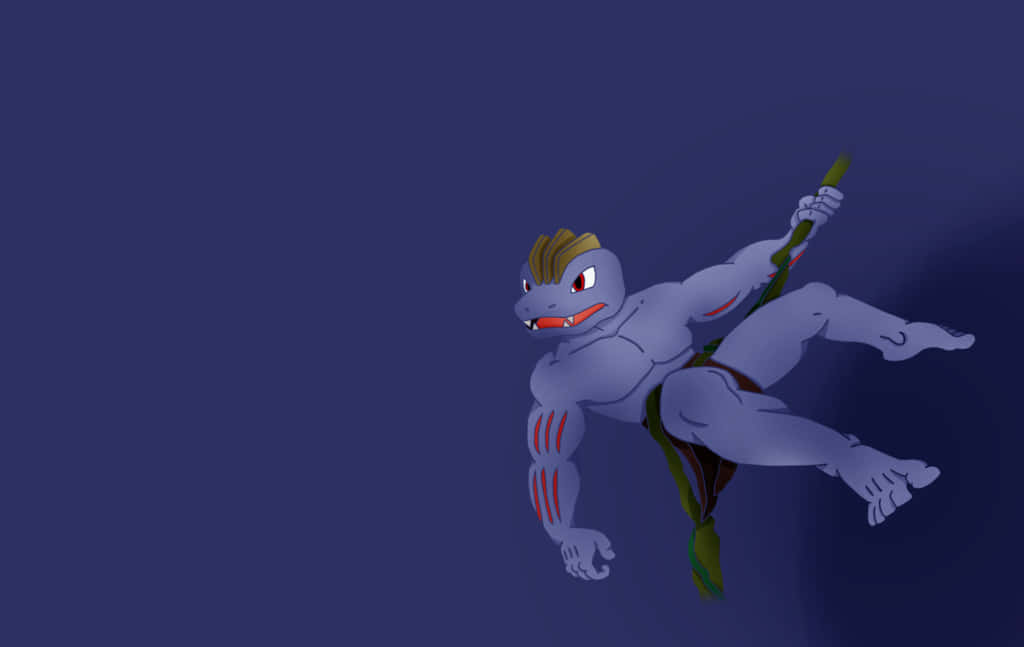Machoke 演化自 Machop 挂在藤蔓上 壁紙 — 一隻肌肉發達的藍色動漫蜥蜴，紅眼睛，黃頭髮，在純深藍色背景上動態擺動。