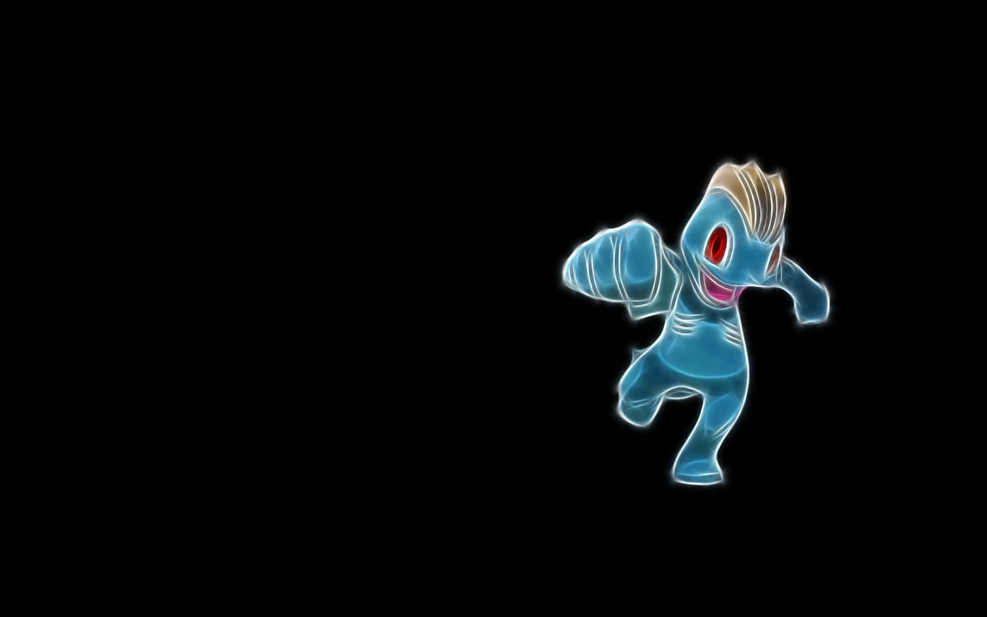 Machop 的霓虹藝術插畫配黑色背景 壁紙 — 一隻發光的藍色寶可夢，有著紅色眼睛和尖刺頭部，在黑色背景前動態地站立。