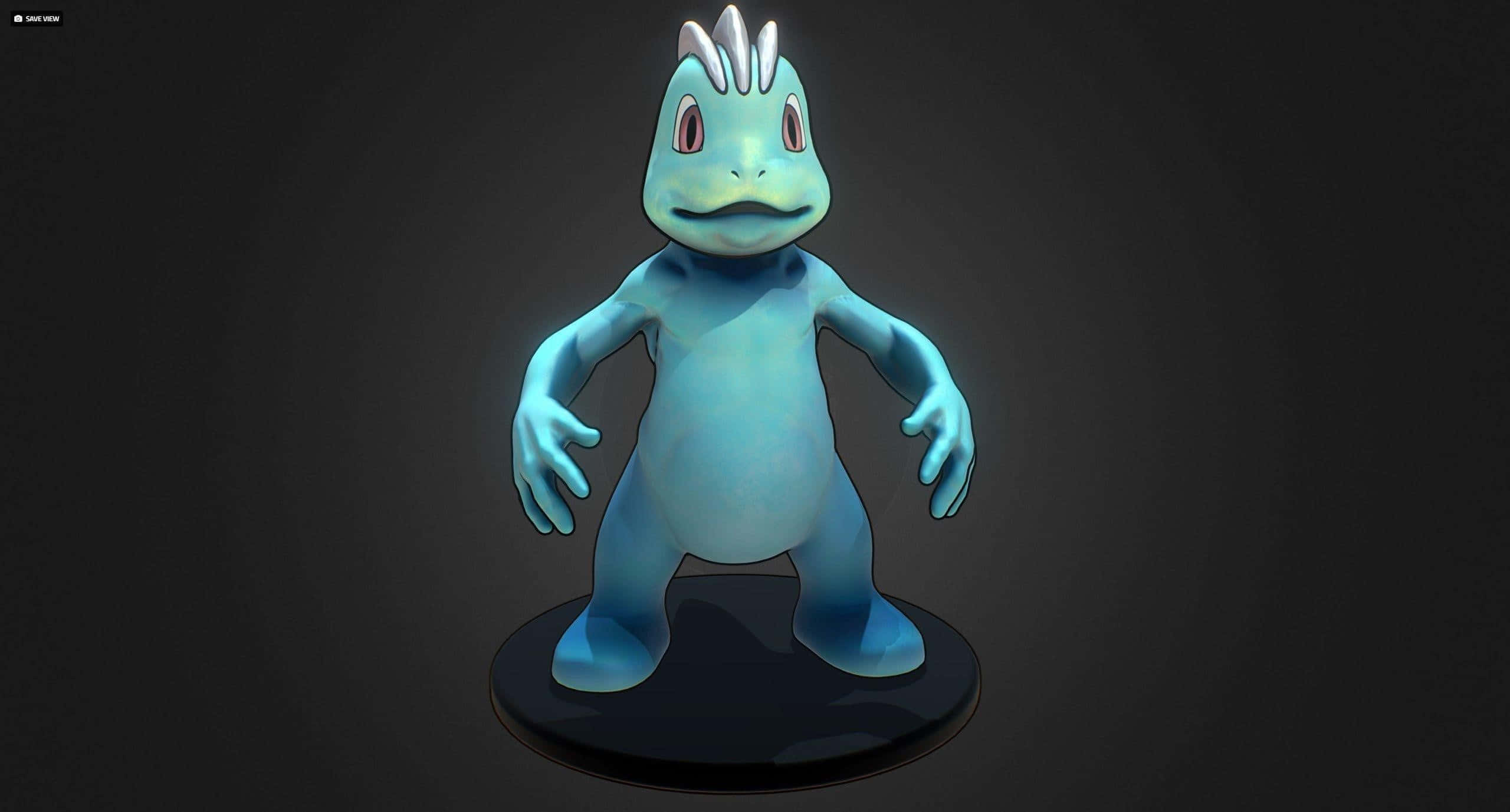Machop 真實感 3D 模型 黑色背景 壁紙 — 一個發光的藍色3D渲染寶可夢角色，在深色漸變背景前，居中站立在黑色底座上。