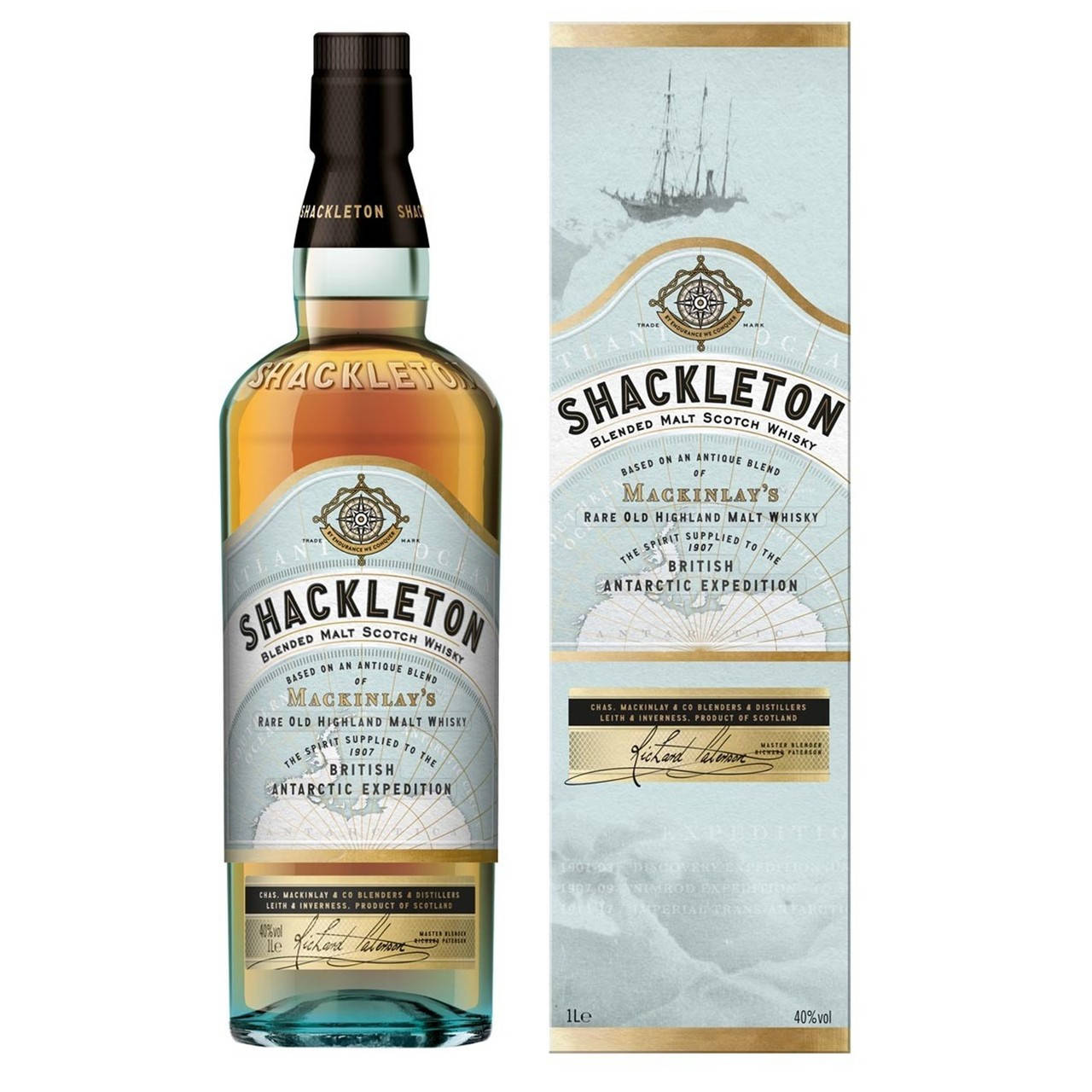 Mackinlay 融合 Shackleton 威士忌特寫 壁紙 — 一瓶及一盒Shackleton Blended Malt Scotch Whisky，帶有復古南極探險設計及金色點綴。
