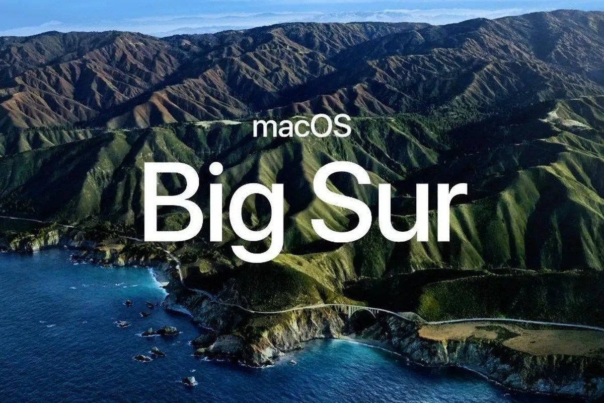 macOS Big Sur 加州翠綠山景 壁紙 — 崎嶇的綠色山脈與深藍色海洋交匯的鳥瞰圖，蜿蜒的海岸道路和 macOS Big Sur 文字疊加。
