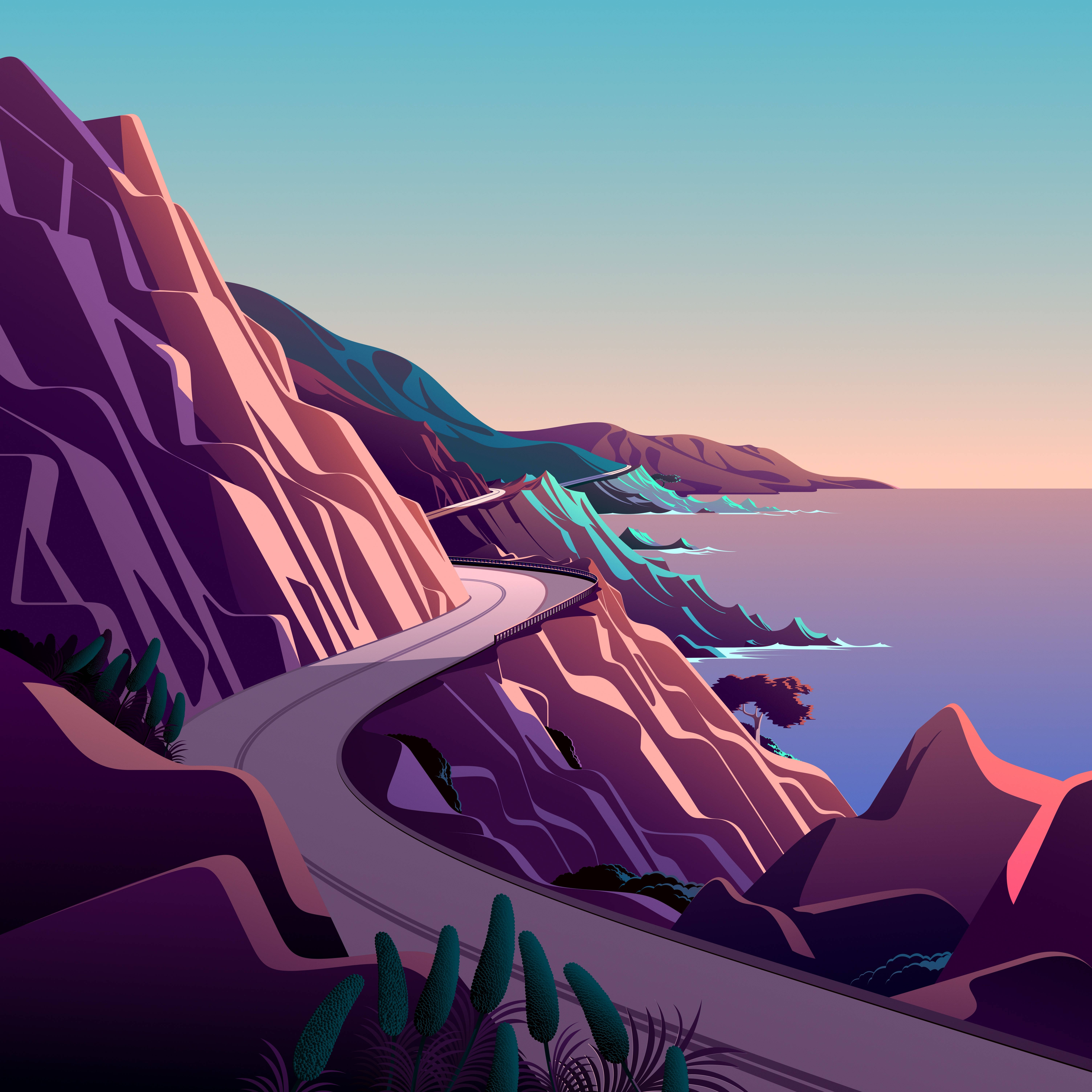 macOS Big Sur 日出海岸路 壁紙 — 一條蜿蜒的海岸公路在日落時分擁抱著戲劇性的懸崖，呈現紫色、粉紅色和藍綠色的色調。