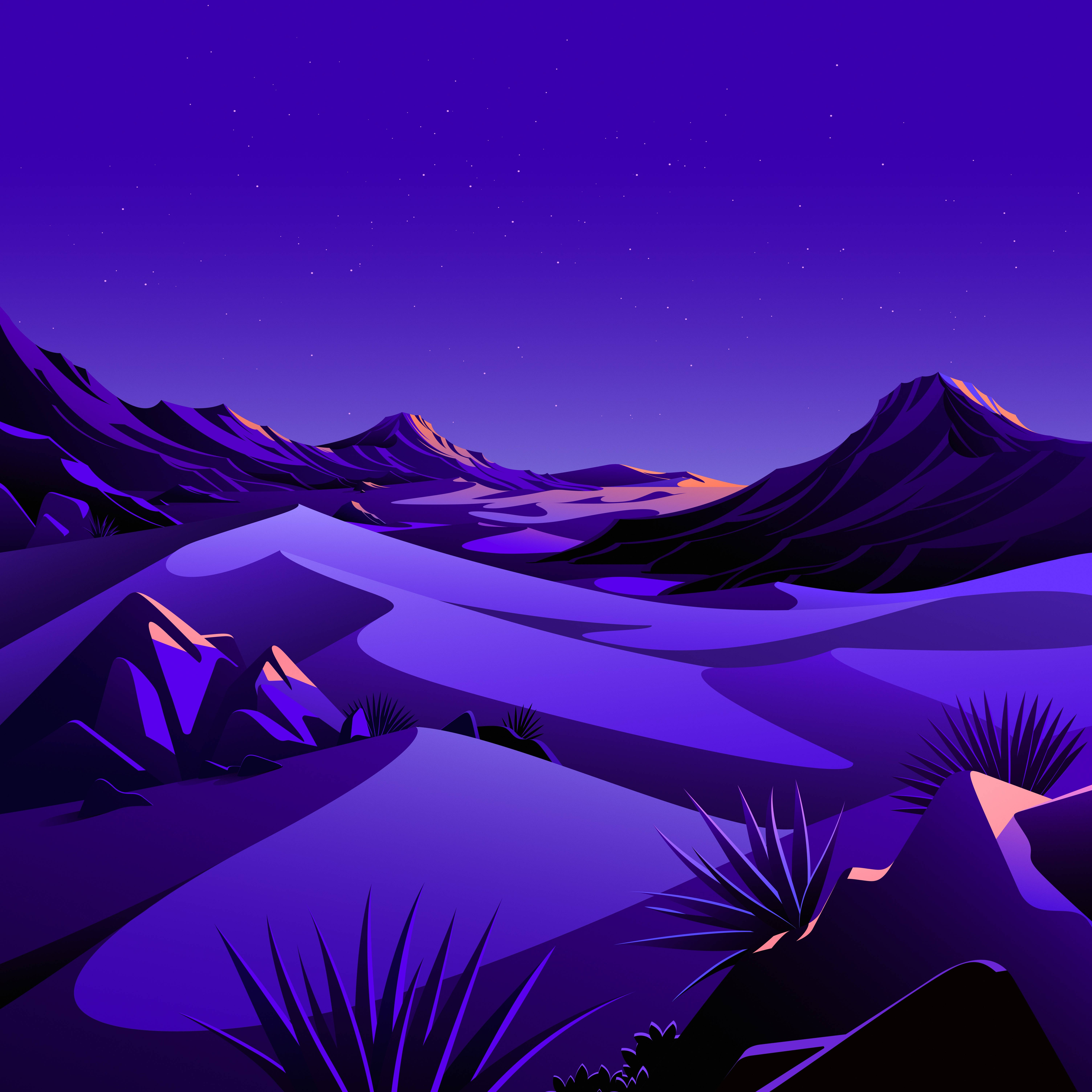 macOS Big Sur 沙漠 壁紙 — 在星空下，一個風格化的紫色沙漠景觀，有鋸齒狀的山脈和尖刺的仙人掌。