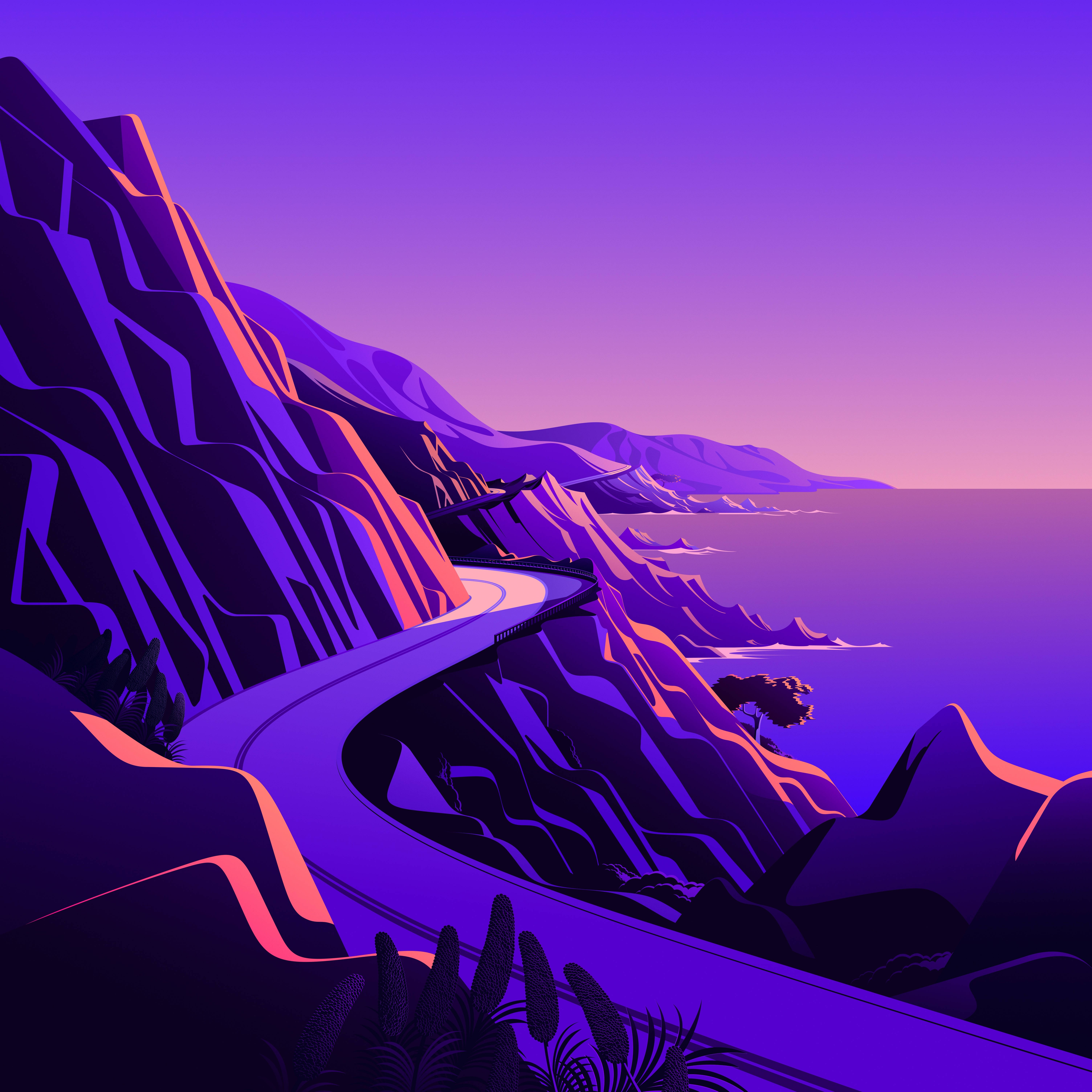 macOS Big Sur 海岸公路 壁紙 — 一條蜿蜒的海岸公路在日落時分緊貼著陡峭的紫色懸崖，帶有鮮豔的橙色亮點和一棵孤樹俯瞰海洋。