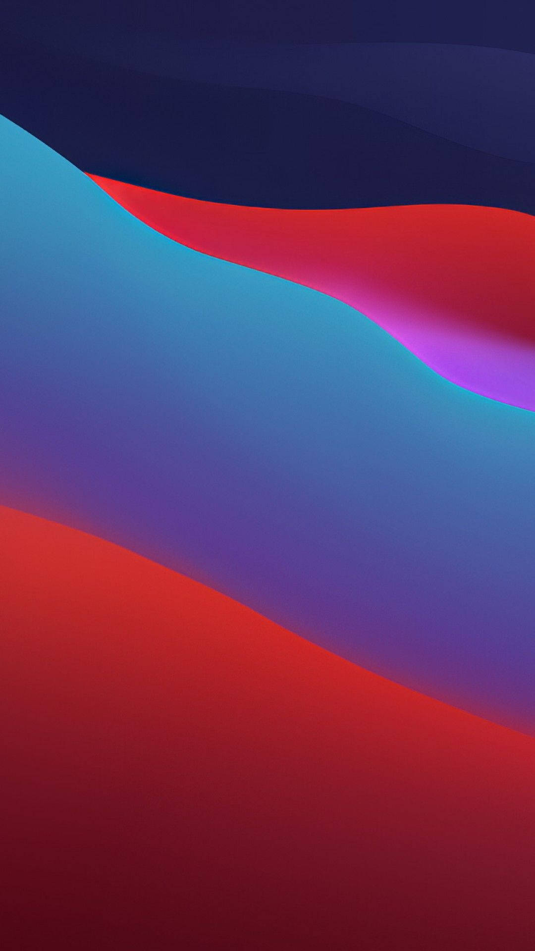 macOS Big Sur 深色波浪 壁紙 — 充滿活力的紅色、藍色和紫色抽象波浪在數碼漸變設計中平滑融合。