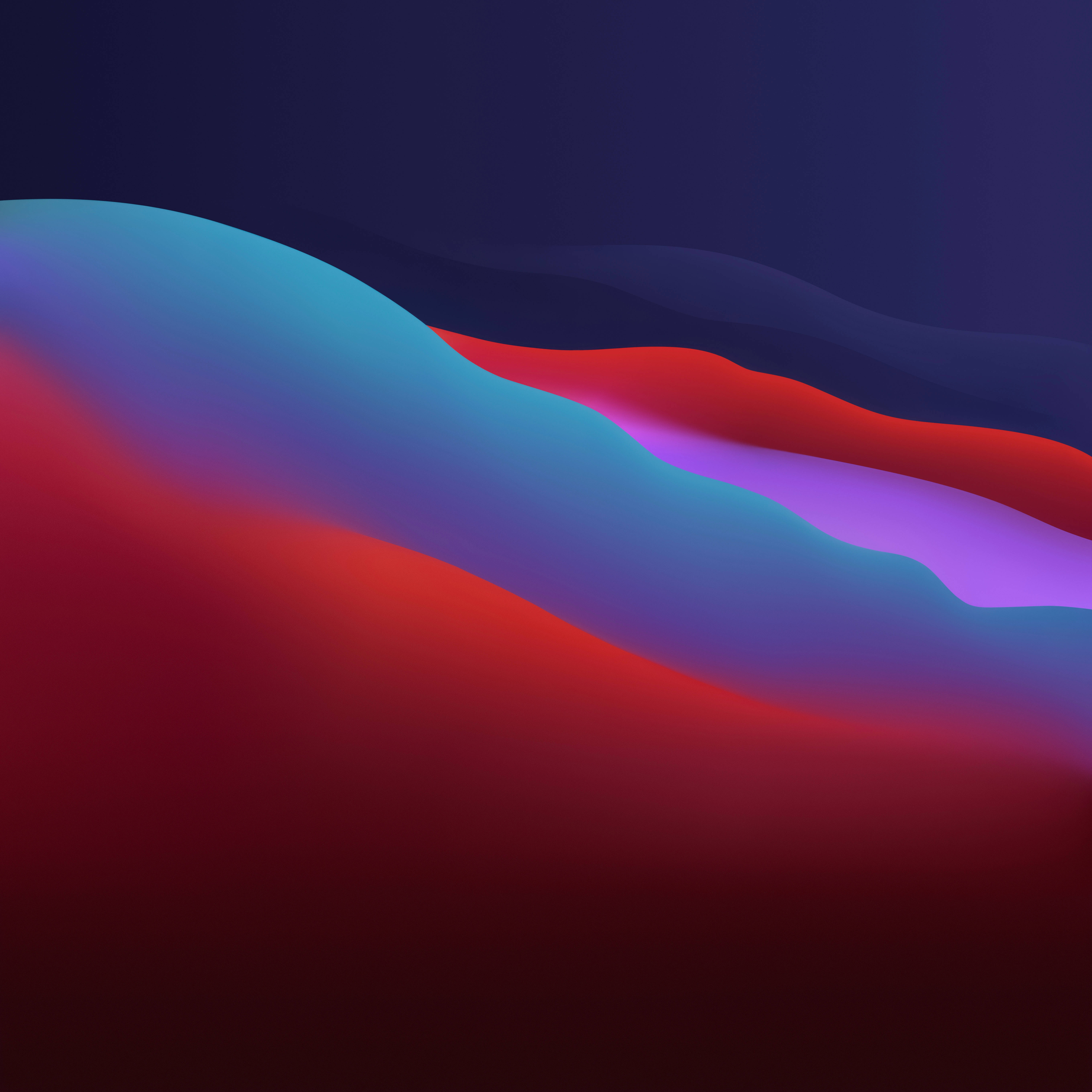 macOS Big Sur 深色波浪 壁紙 — 紅色、藍色和紫色漸變的平滑流動波浪在深色背景上融合。