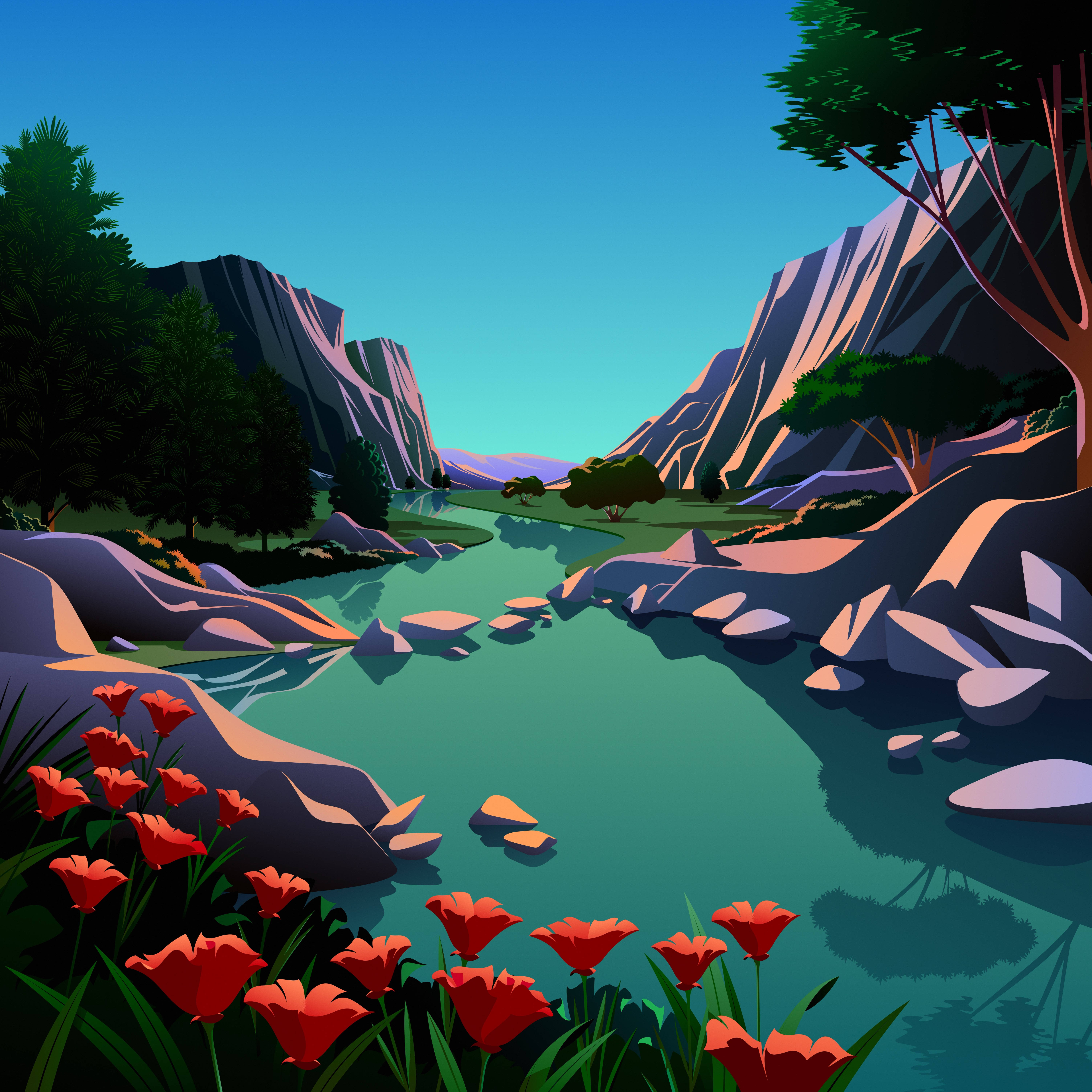 macOS Big Sur 湖景 壁紙 — 鮮豔的紅色罌粟花沿著一條寧靜的河流盛開，河流蜿蜒穿過陡峭的岩石懸崖和茂密綠樹的峽谷，上方是清澈的藍天。