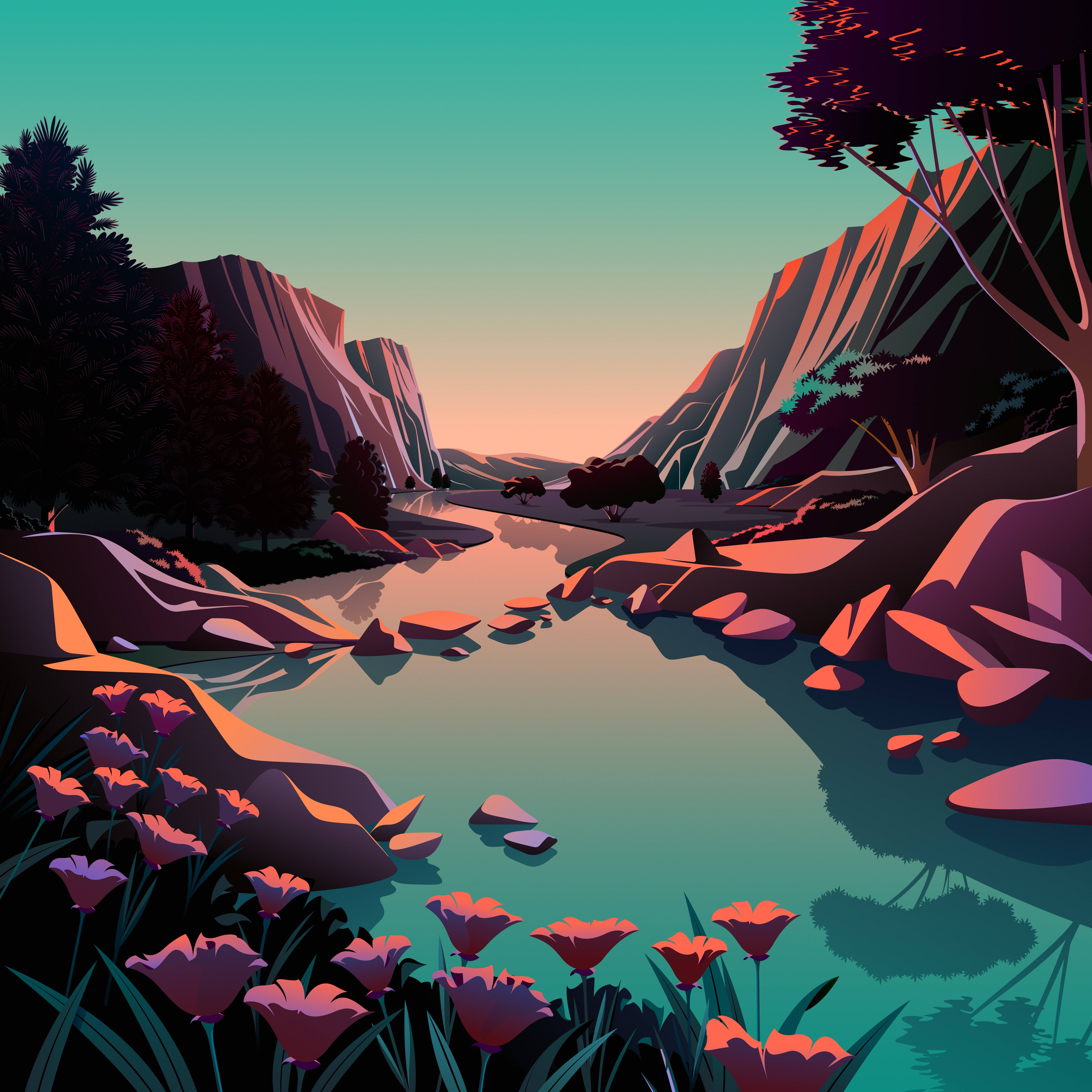 macOS Big Sur 湖畔日出 壁紙 — 一個寧靜的山谷，蜿蜒的河流兩旁是岩石峭壁和紫色花朵，天空呈現漸變色。