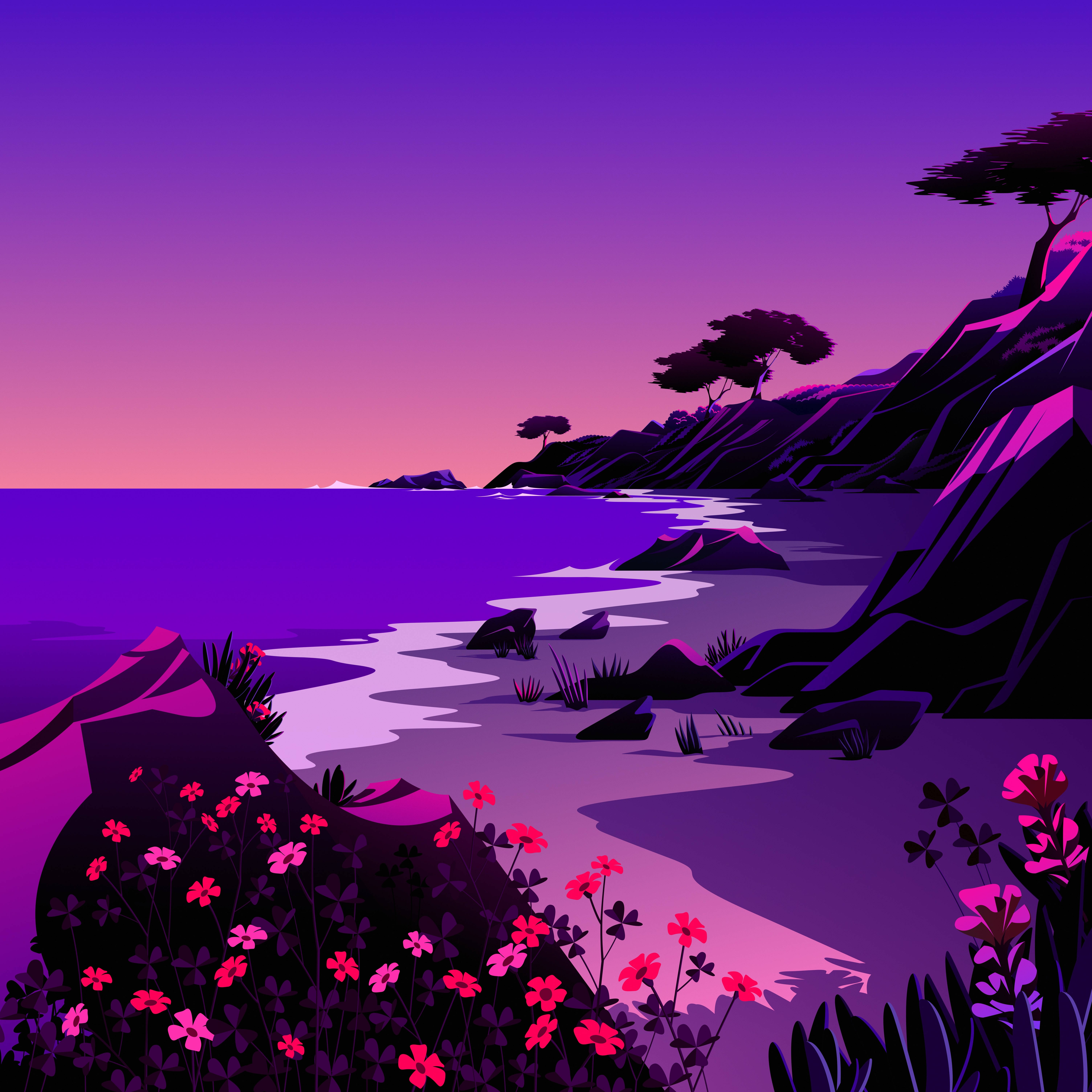 macOS Big Sur 紫色海灘 壁紙 — 黃昏時分的風格化紫色和粉紅色海岸場景，有剪影懸崖、花朵和漸變天空下的平靜水面。