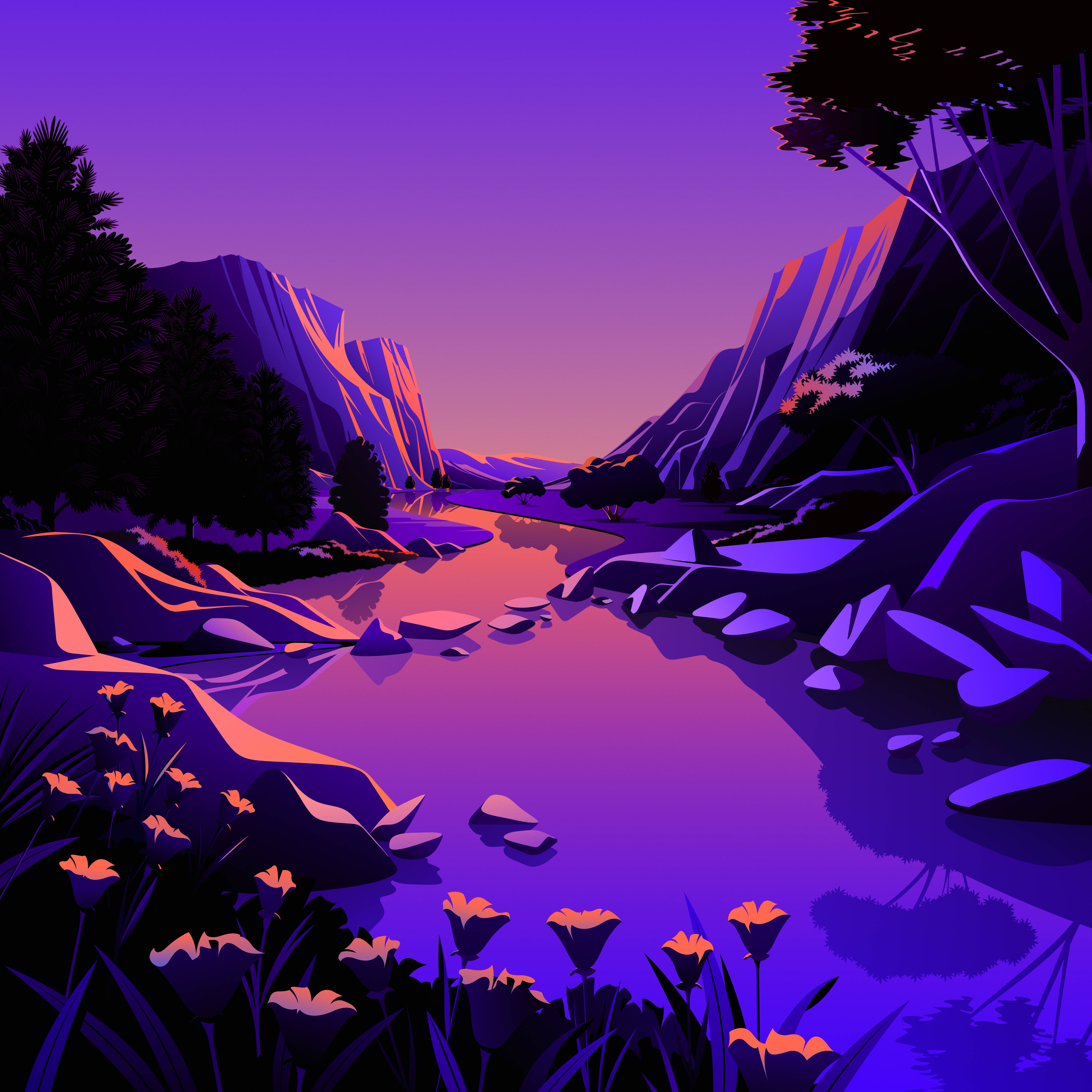 macOS Big Sur 紫色湖景 壁紙 — 暮色中風格化的山谷，河流蜿蜒於紫色山脈和發光的橙色花朵之間。