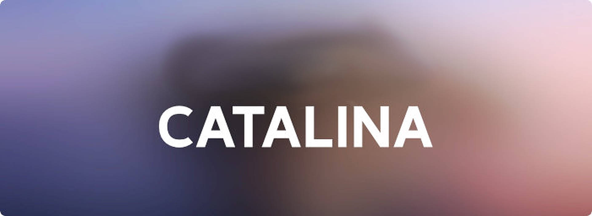 macOS Catalina 宣傳語 壁紙 — 單詞 catalina 在模糊背景上以紫色和粉紅色的柔和漸變色調浮現。