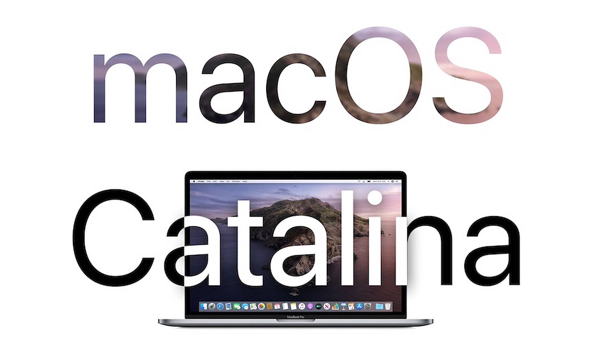 macOS Catalina 筆記本電腦 壁紙 — 顯示 macOS Catalina 的筆記型電腦，配有山區日落壁紙和大文字疊加。