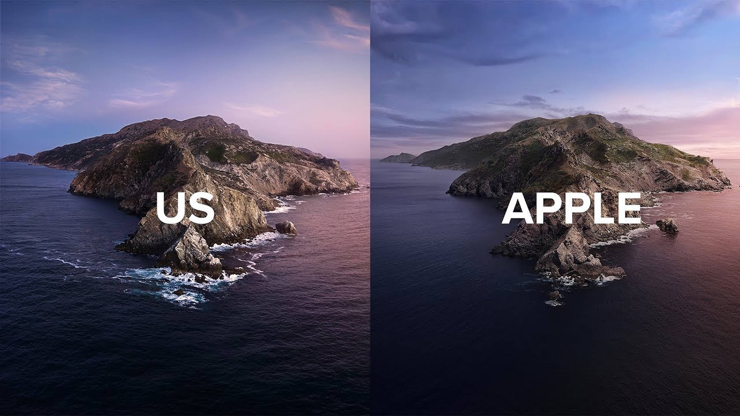 macOS Catalina 蘋果海報 壁紙 — 黃昏時分崎嶇海岸島嶼的分屏航拍視圖，帶有「US」和「APPLE」文字疊加。