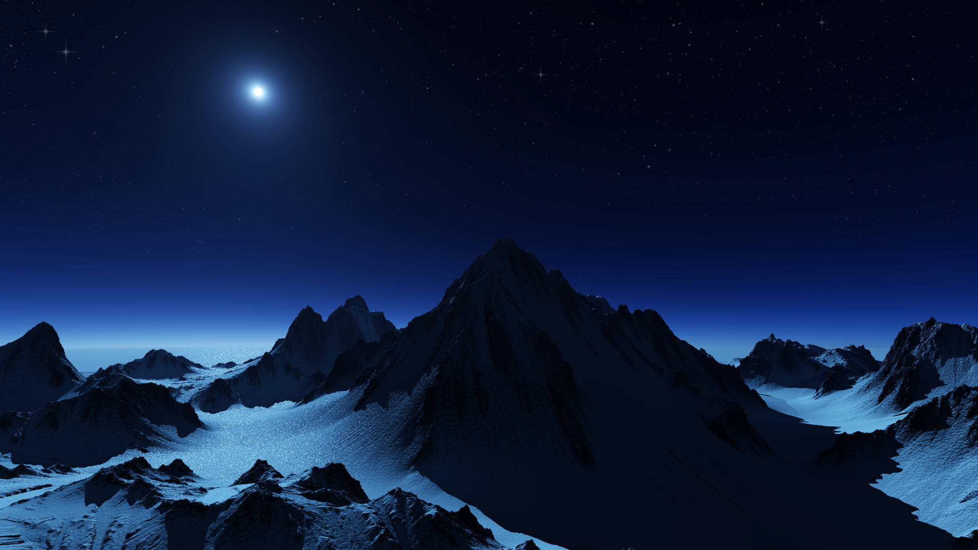 明亮的月亮和星空下的雪山脈