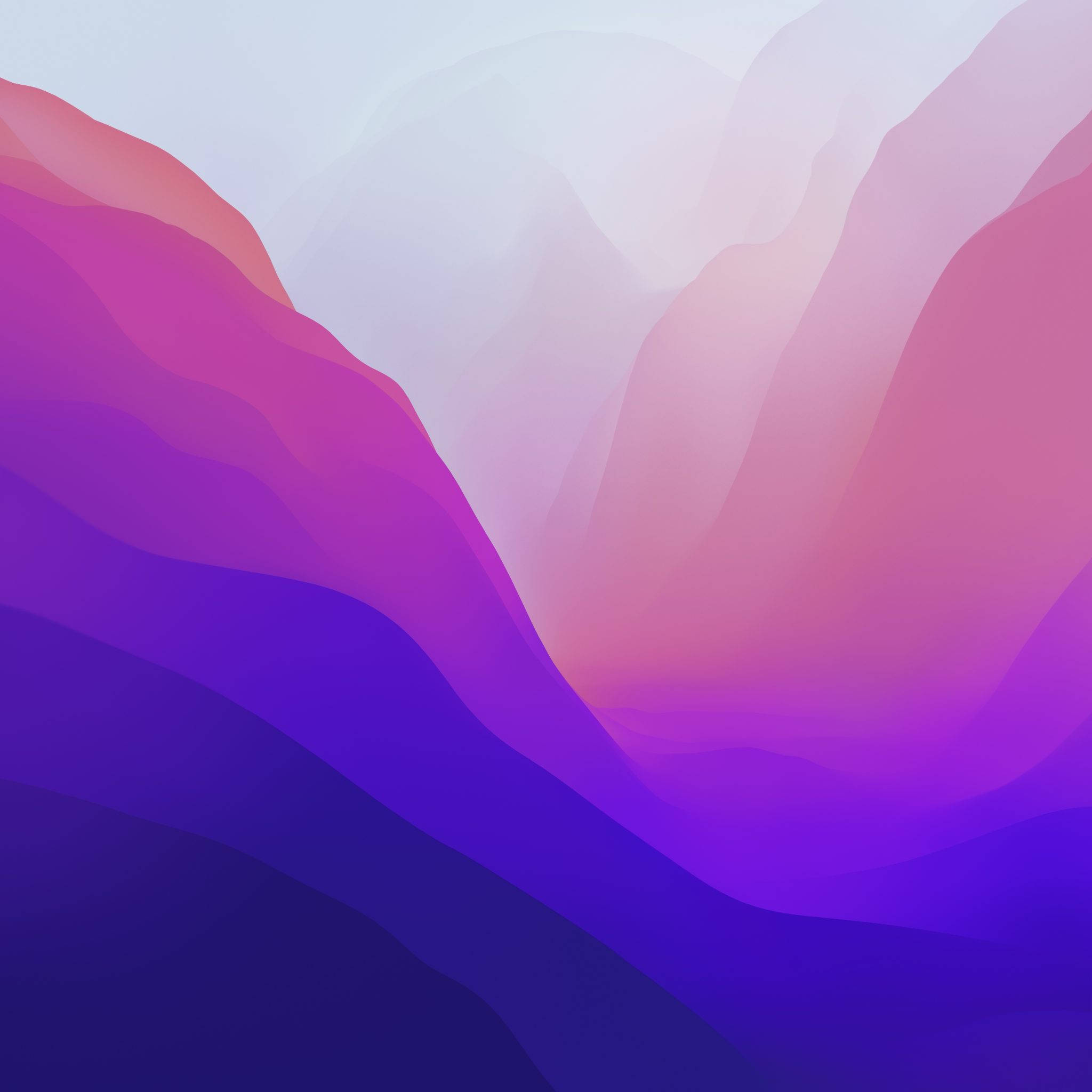 macOS Monterey 山景風光 壁紙 — 抽象數位藝術作品，具有流動的紫色、粉紅色和藍色漸變，類似山脈。