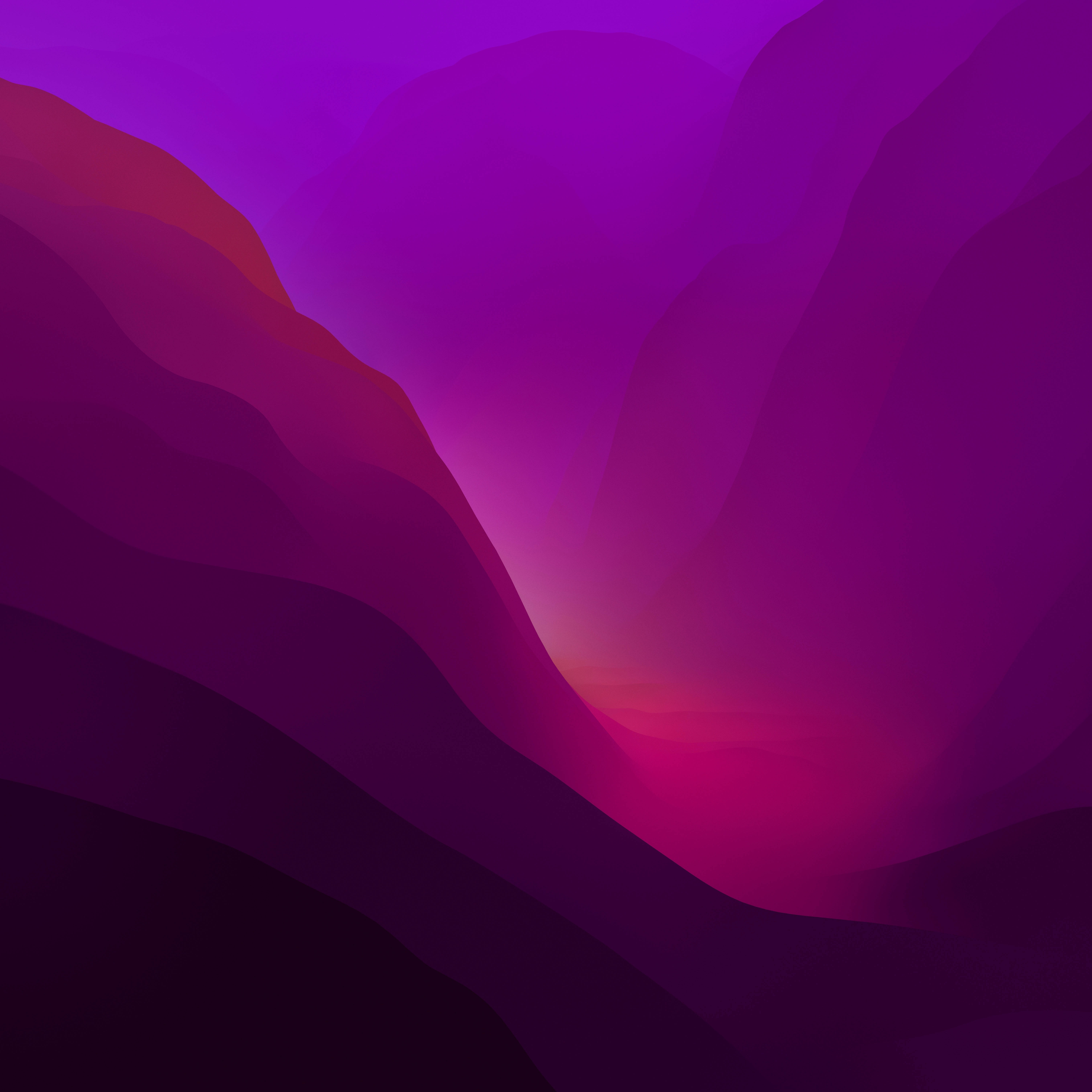 macOS Monterey 的絕美風景 壁紙 — 抽象數位藝術作品，流動的紫色和洋紅色漸變形成山谷狀形狀。