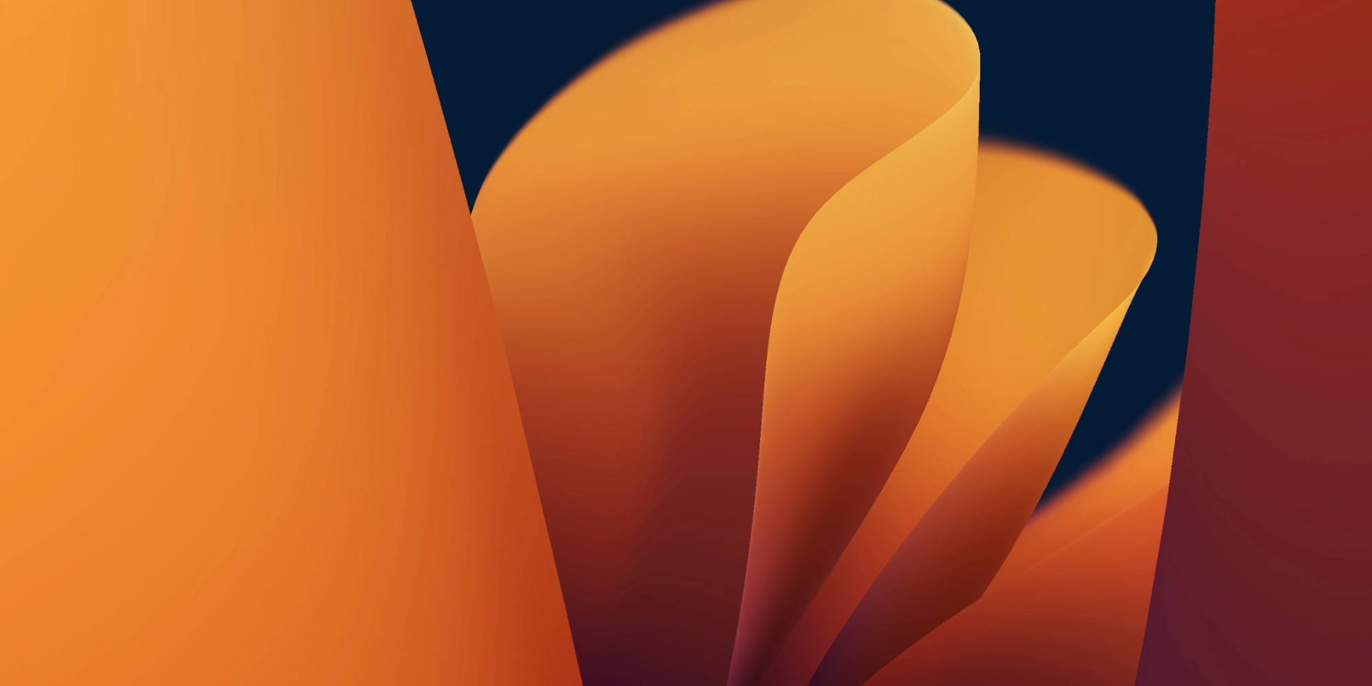 macOS Ventura 抽象人形屏保 壁紙 — 時尚的橙色和紅色抽象曲線在深海軍藍背景下流動，形成極簡主義的數位藝術作品。