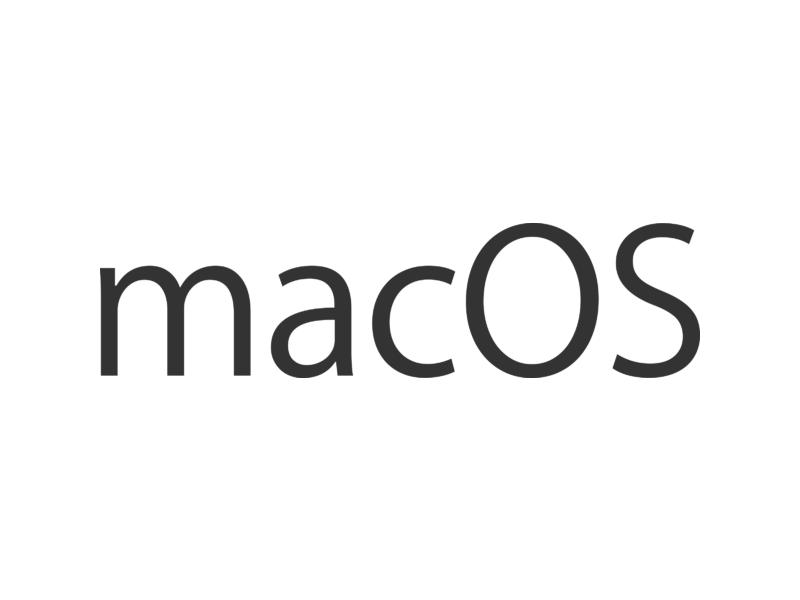 macOS 標誌設計 壁紙 — macOS 標誌以灰色文字居中顯示在純黑色背景上。