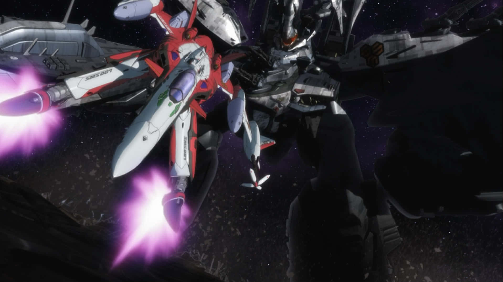 Macross：音樂與愛的力量 壁紙 — 一架紅白相間的戰鬥機在星際太空戰中發射紫色等離子炮，對抗黑暗的機械敵人。