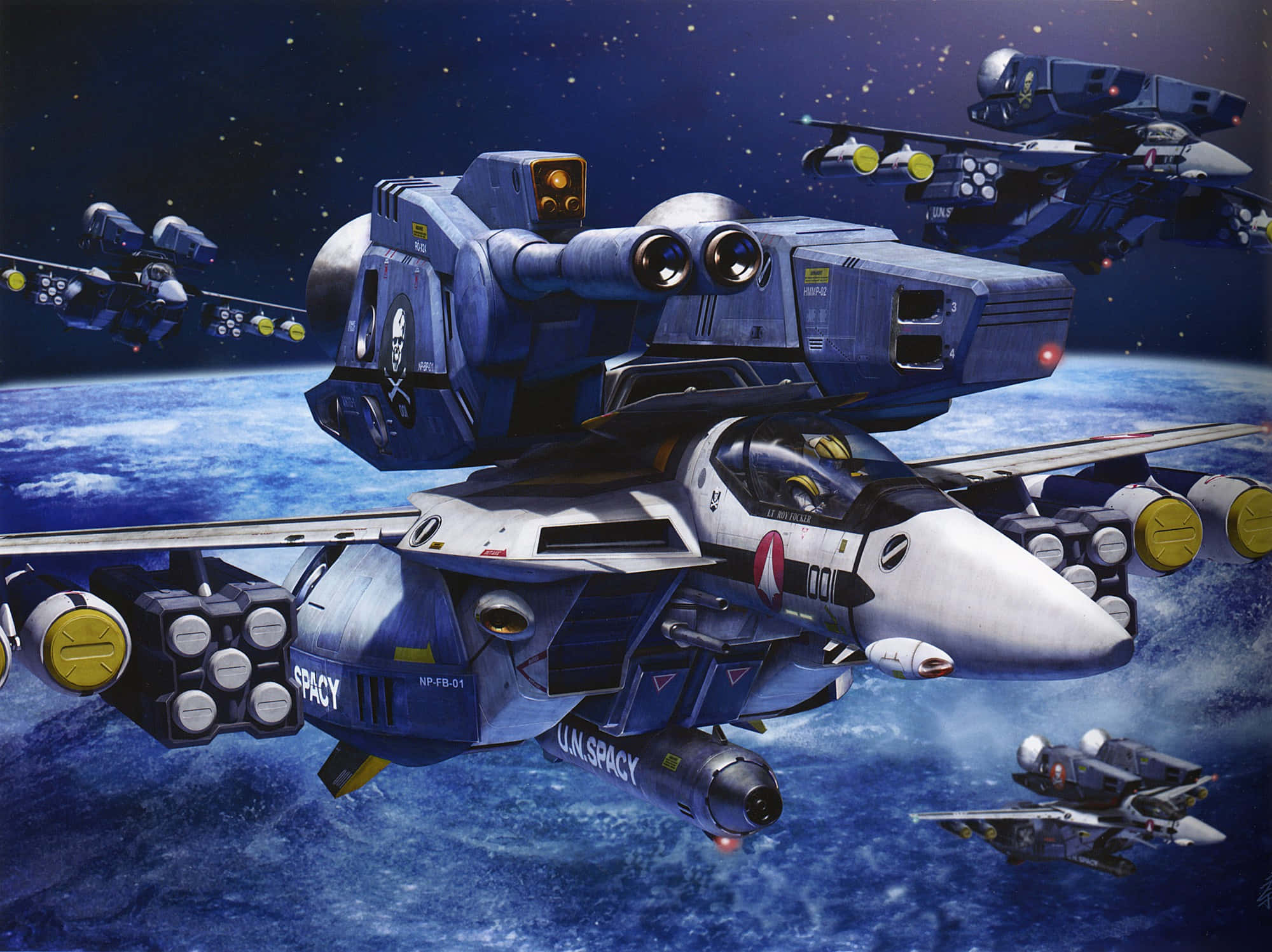 Macross宇宙中的壯觀太空戰役 壁紙 — 未來感藍白太空戰鬥機在星空夜空下，於旋轉的藍色行星上方編隊飛行。