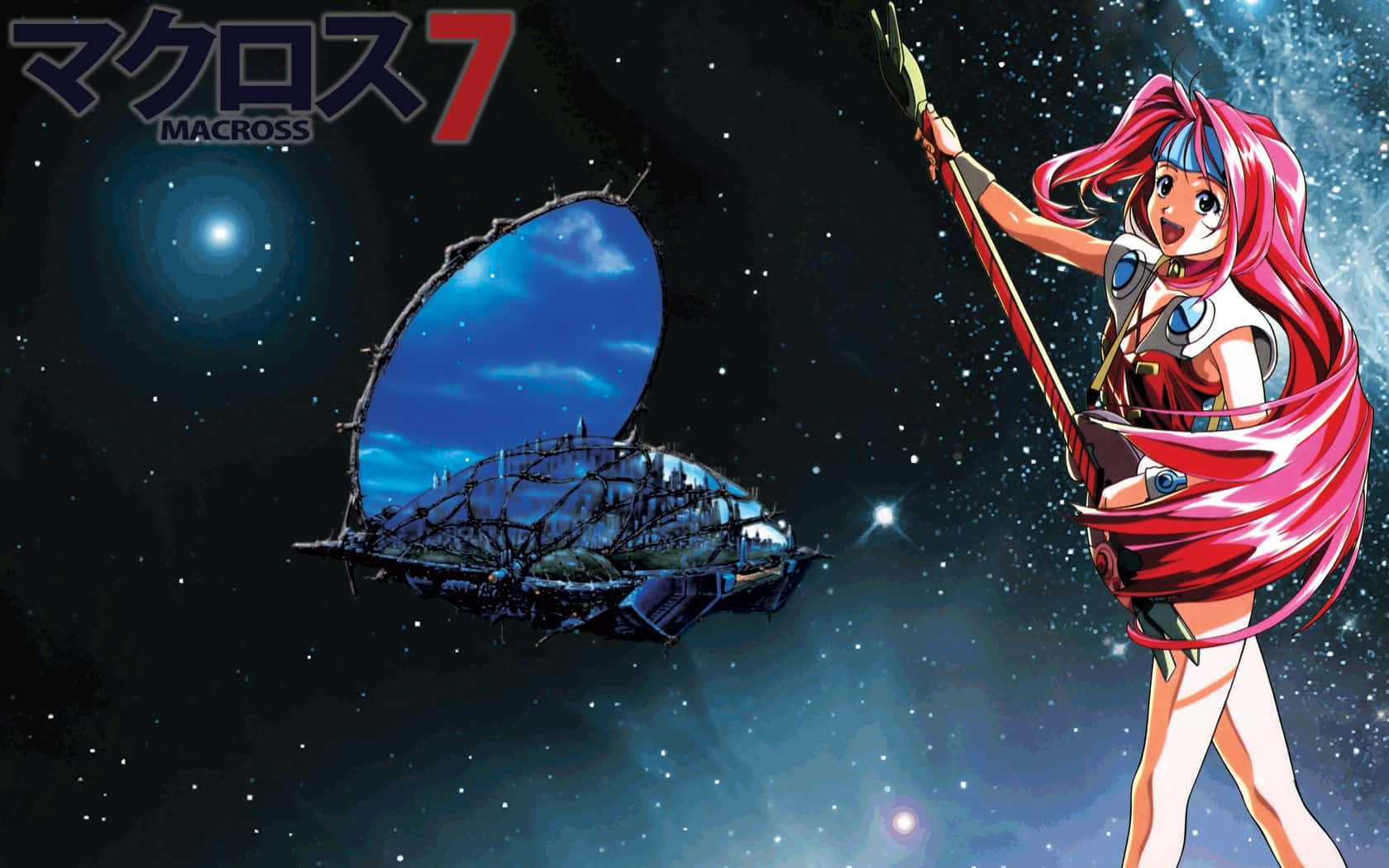 Macross系列經典機甲：VT-1「鴕鳥」 壁紙 — 粉紅色頭髮的動漫女孩在太空中的太空船旁邊揮舞長矛，太空船有一個發光的藍色傳送門。