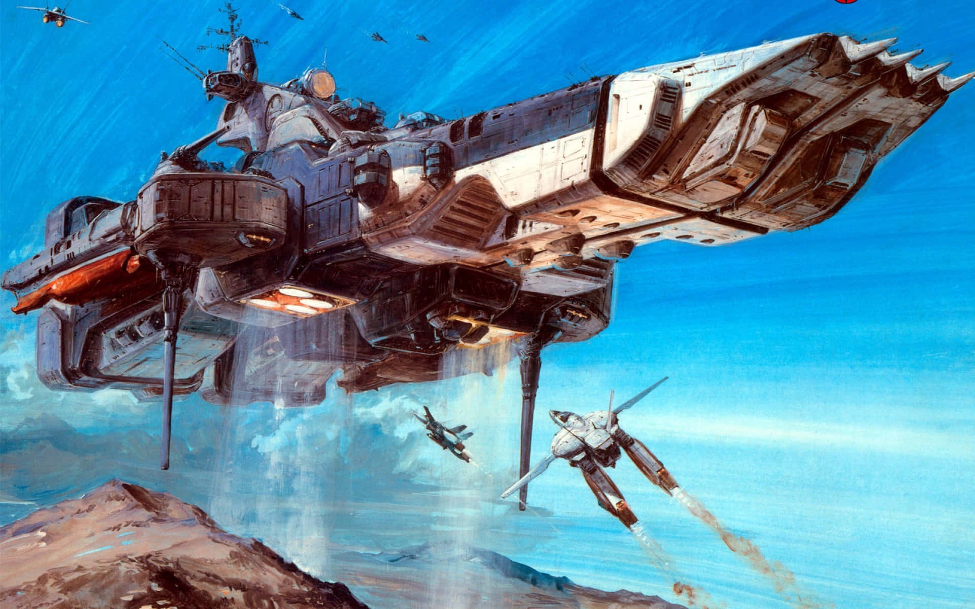 Macross經典愛情三角 壁紙 — 一艘巨大的未來太空船懸浮在沙漠星球上空，較小的戰鬥機在天空中穿梭。