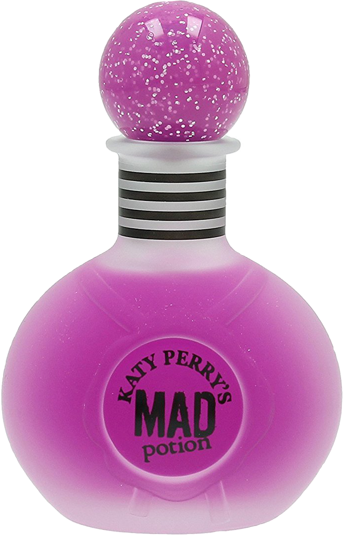 凱蒂·佩里「MAD potion」香水瓶 壁紙 — 一個充滿活力的粉紅色閃亮香水瓶，帶有球形蓋子和寫著 Katy Perry's Mad Potion 的大膽標籤。