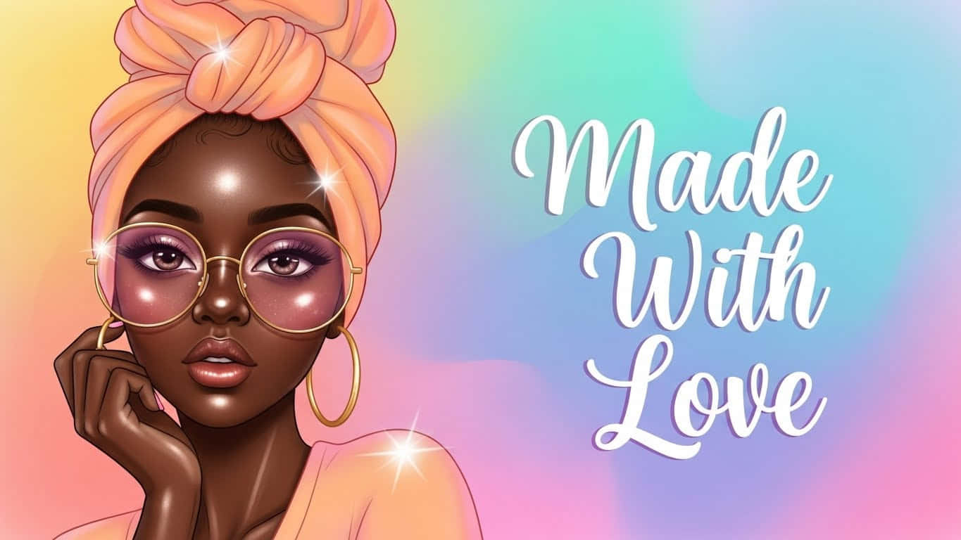 一位卡通女性戴著蜜桃色頭巾和金框眼鏡，在彩虹背景上帶有「Made With Love」文字。