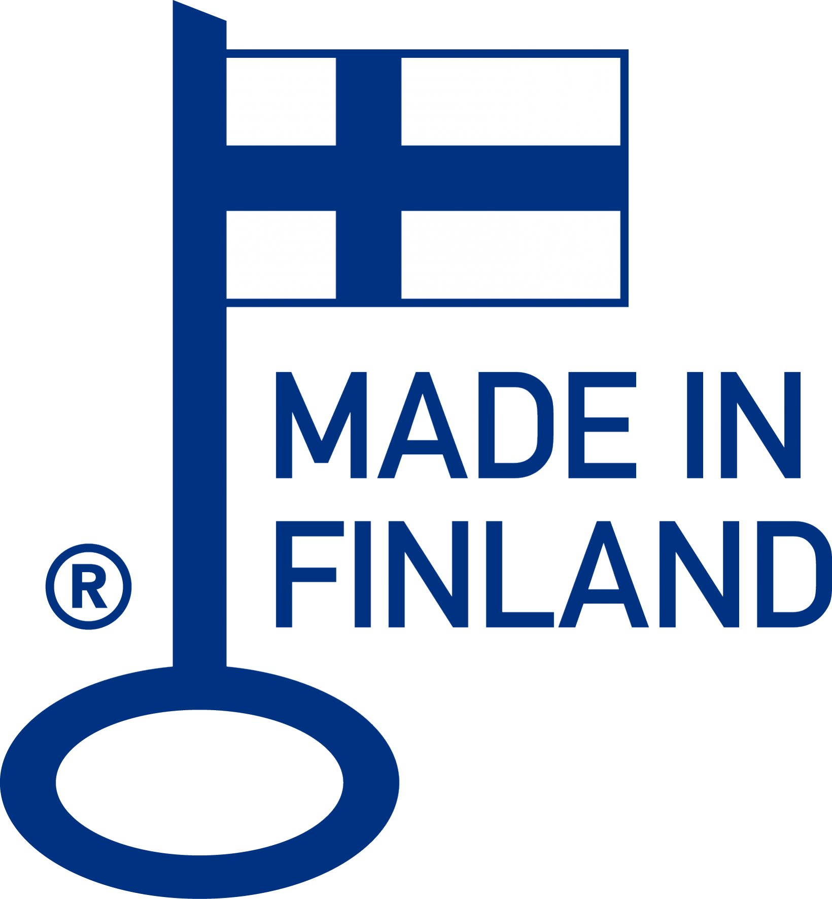 Madein Finland 標誌 壁紙 — 藍色「Made in Finland」標誌，採用鑰匙形狀，帶有芬蘭國旗設計和註冊商標符號。