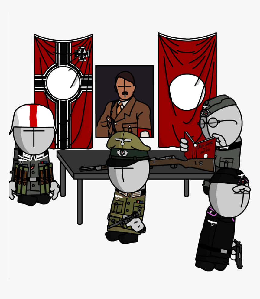 二戰德國軍服中的卡通士兵，帶有旗幟和希特勒肖像。