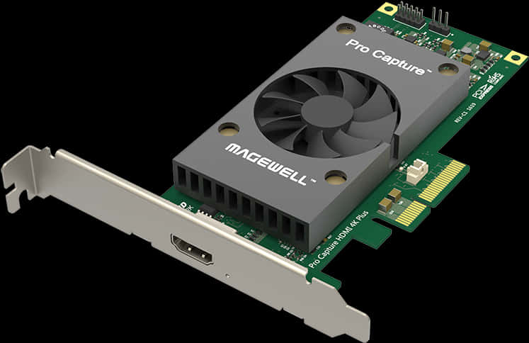 Magewell Pro Capture Card 壁紙 — 一款時尚的Magewell Pro Capture HDMI 4K Plus擷取卡，配備散熱風扇和PCIe連接器，黑色背景。