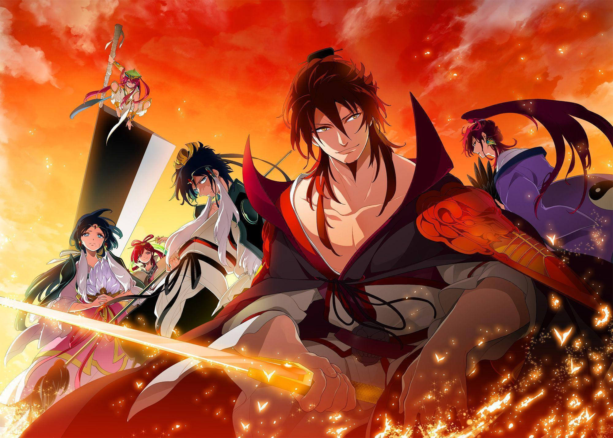 魔笛MAGI 魔法王國 神官庫 壁紙 — 一個動態的動漫戰士群體手持劍，站在充滿火花和發光粒子的火熱日落天空前。
