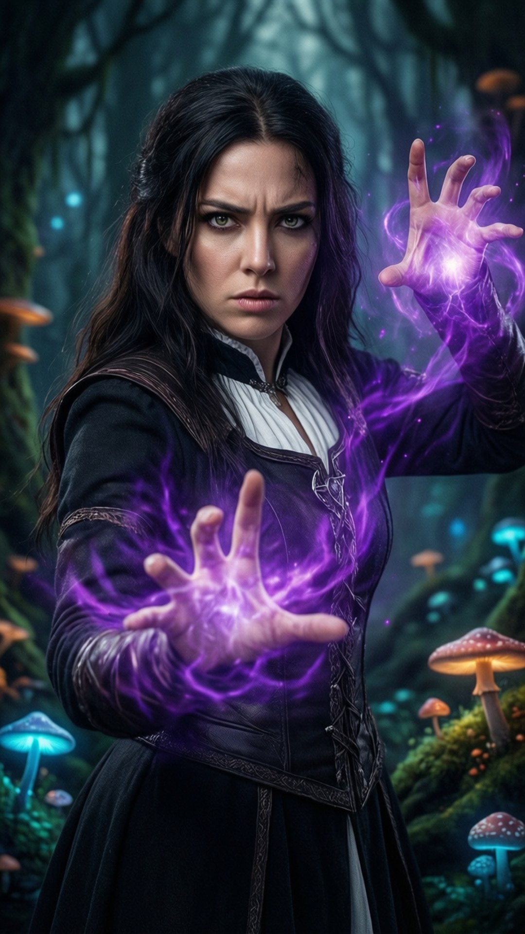 一位穿著黑色連衣裙的女巫在發光蘑菇的神秘森林中引導發光的紫色魔法。